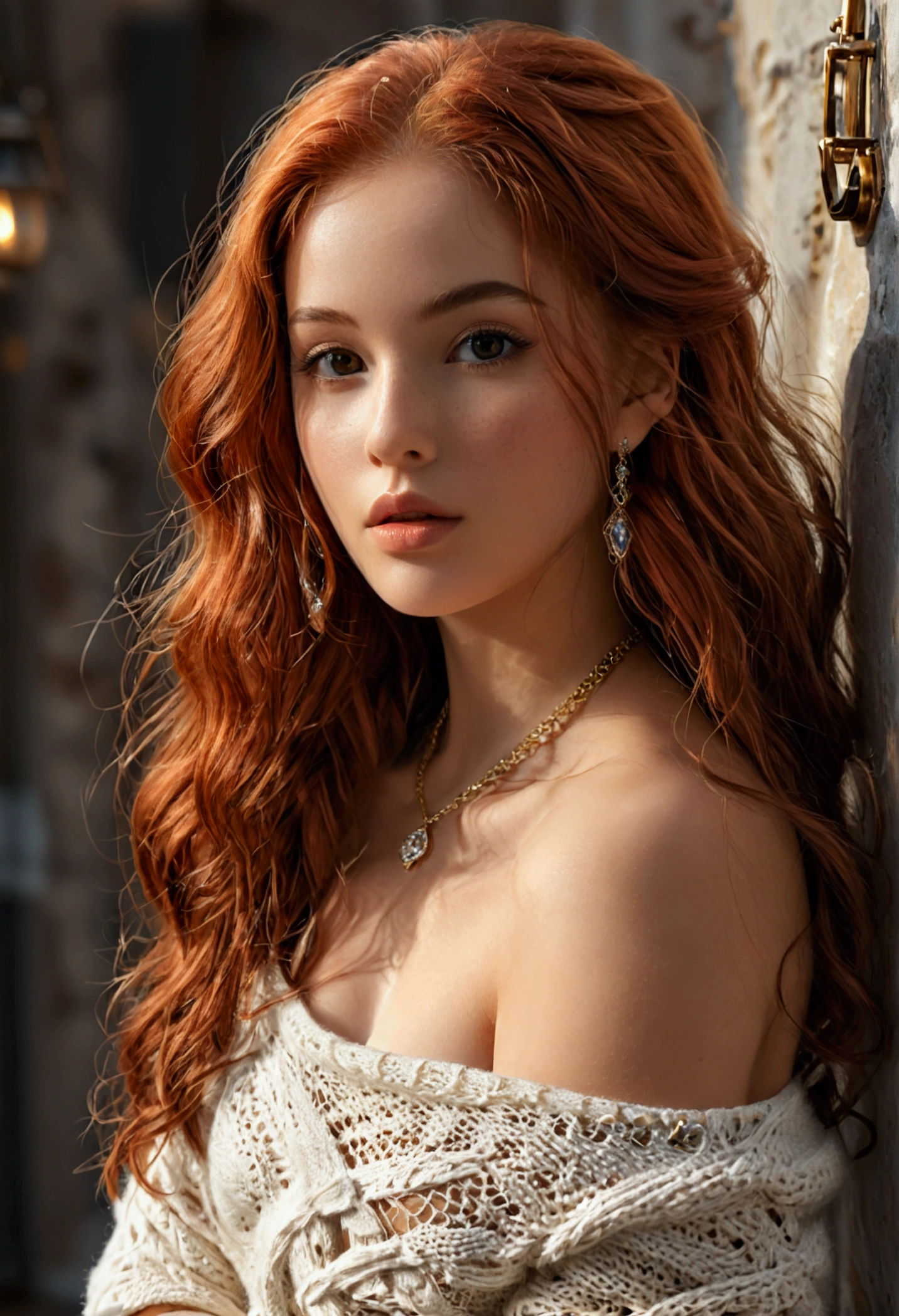 (full body shot:1.1) photorealistic image of a (standing pose:1.1) woman, ultra realistic, photography, long red hair, girl, 24 years old, hourglass figure, perfect body, Flirty look, natural medium breasts, blur background, Bare shoulders, Brown eyes, jewely, Full body, a necklace, off shoulders, Sweater, Realistic, Sexy 8K Reality