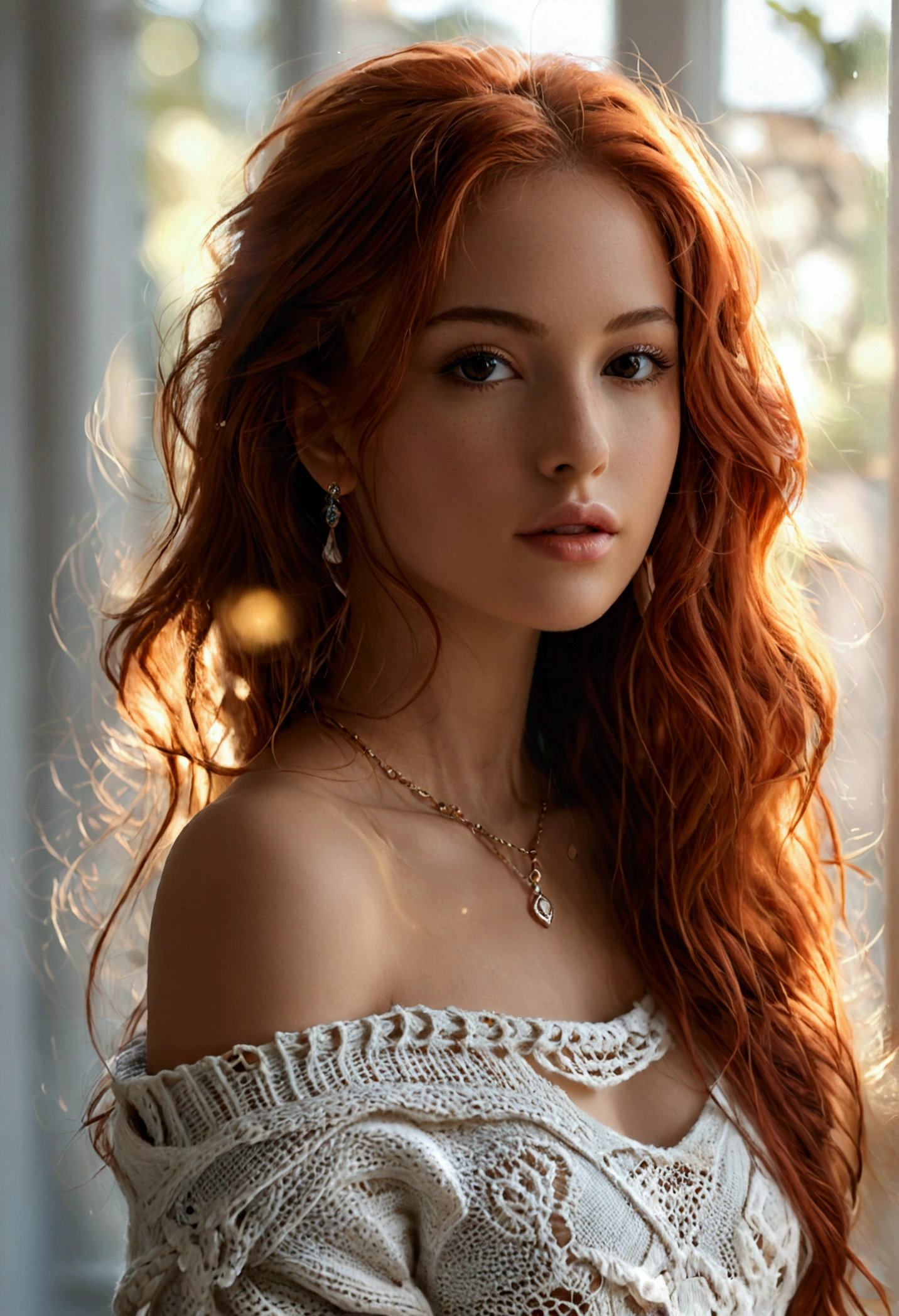 (full body shot:1.1) photorealistic image of a (standing pose:1.1) woman, ultra realistic, photography, long red hair, girl, 24 years old, hourglass figure, perfect body, Flirty look, natural medium breasts, blur background, Bare shoulders, Brown eyes, jewely, Full body, a necklace, off shoulders, Sweater, Realistic, Sexy 8K Reality