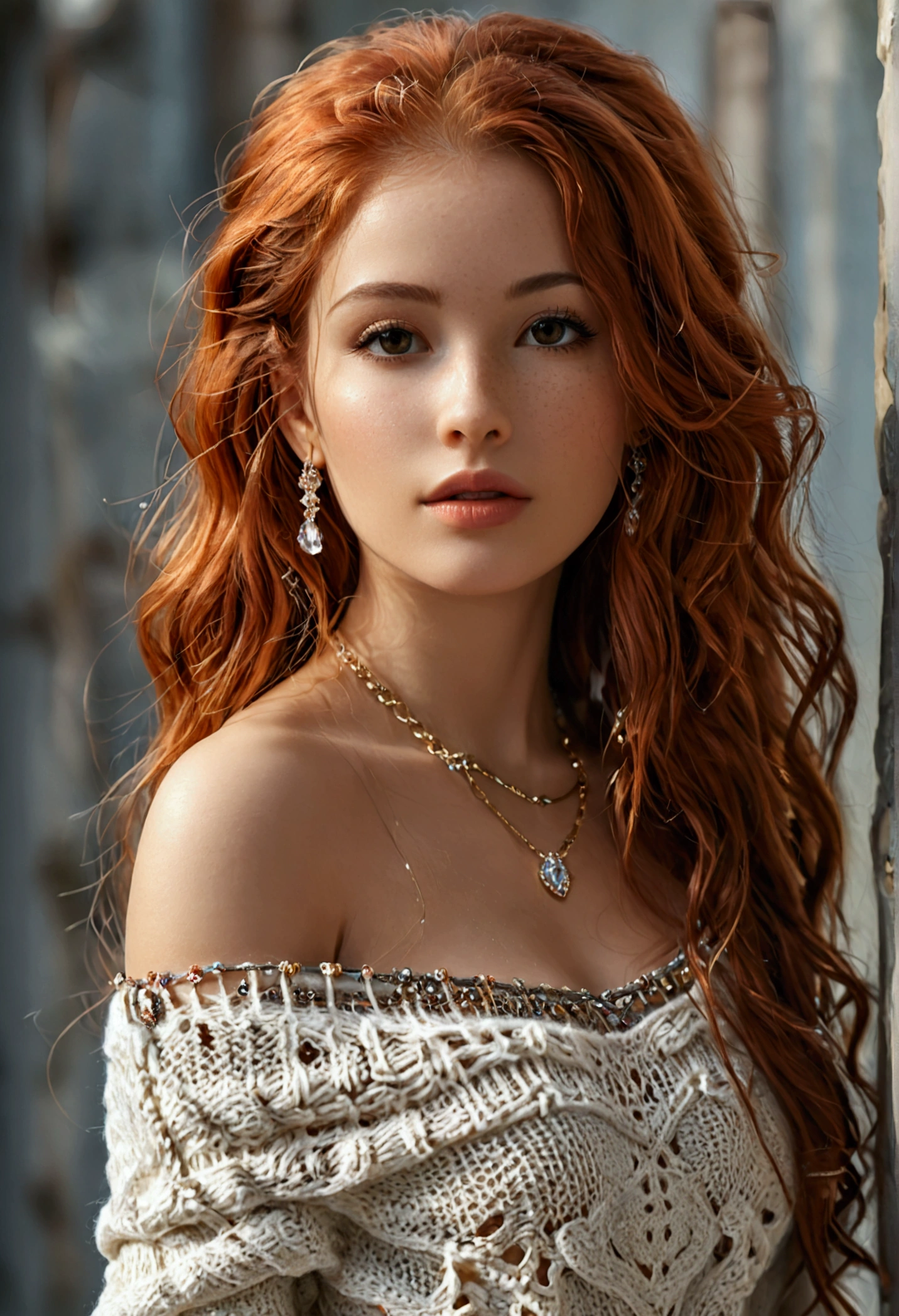 (full body shot:1.1) photorealistic image of a (standing pose:1.1) woman, ultra realistic, photography, long red hair, girl, 24 years old, hourglass figure, perfect body, Flirty look, natural medium breasts, blur background, Bare shoulders, Brown eyes, jewely, Full body, a necklace, off shoulders, Sweater, Realistic, Sexy 8K Reality