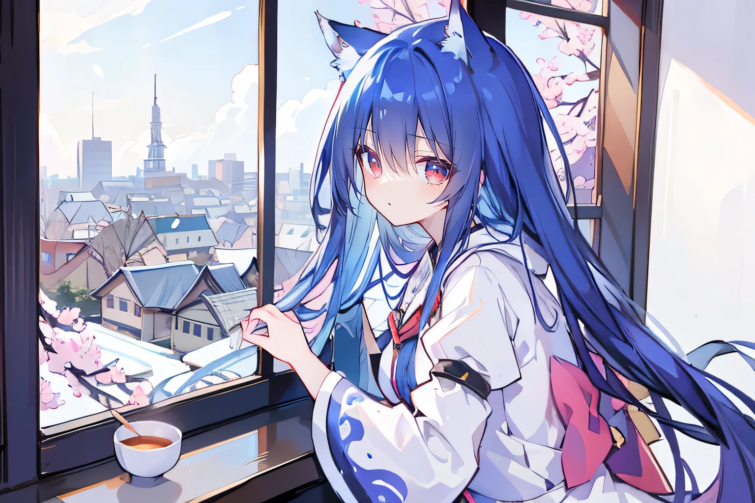 (Masterpiece:1.2)，Ultra-detailed，lifelike，The eyes are expressive，Fair skin，Perfect face shape，1 girl，Japanese Manga，Gorgeous blue hair，Flowing blue hair，Flowing clothes，Cat ears，Petals falling，Smile，Tokyo background，background，heavy snow，winter.Highest quality，perfect face，sitting on window sill drinking coffee and looking out the window.