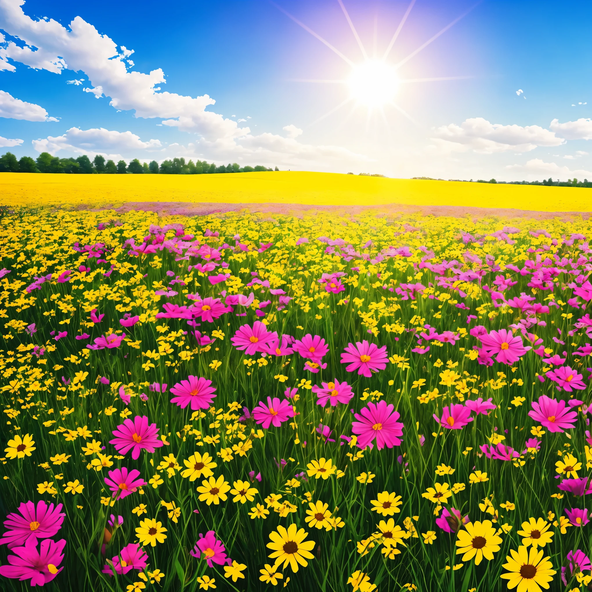 a field of flowers with the sun shining in the background, bright sunny summer day, 🌺 cgsociety, sunny meadow, bright and sunny day, sunny day time, bright summer day, in a sunny day, bright sunny time, beautiful sunny day, on a sunny day, bright sunny day, by Igor Zenin, sunny morning light, beautiful flowers, meadow flowers