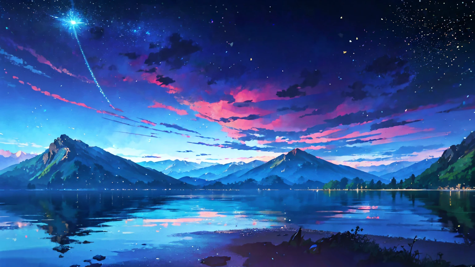 The towering mountains are reflected in the calm waters of the clear lake々painted、Peaceful scenery scene in anime style. author:Shinkai Makoto, Anime Art Wallpaper 4K, Anime Art Wallpaper 4K, anime art wallpaper 8 k, Anime Wallpaper 4K, Anime Wallpaper 4K, 4k anime wallpaper, Anime sky, Great wallpaper, Anime Background, Celestial planets in the background, Anime Background art