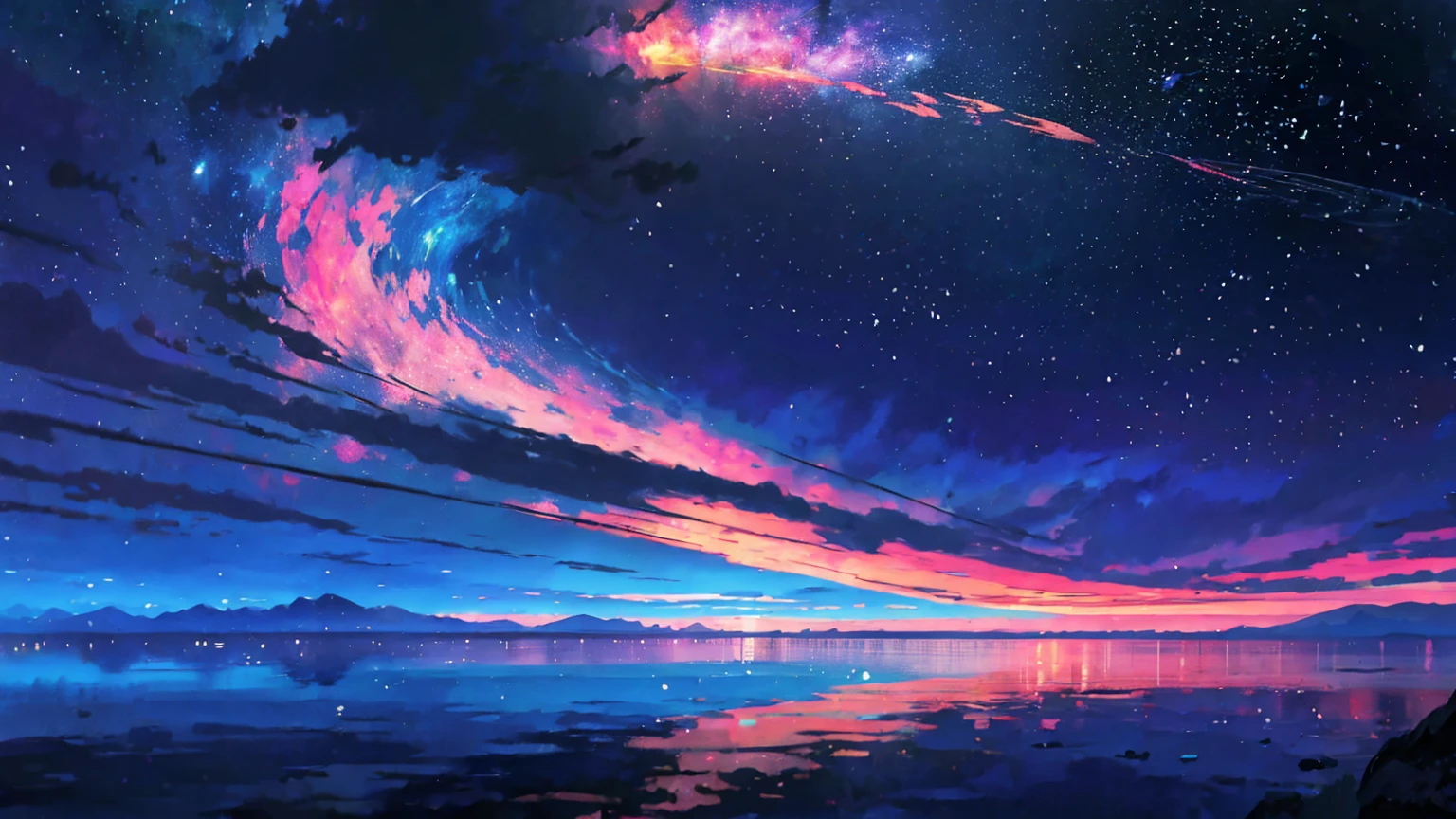 The towering mountains are reflected in the calm waters of the clear lake々painted、Peaceful scenery scene in anime style. author:Shinkai Makoto, Anime Art Wallpaper 4K, Anime Art Wallpaper 4K, anime art wallpaper 8 k, Anime Wallpaper 4K, Anime Wallpaper 4K, 4k anime wallpaper, Anime sky, Great wallpaper, Anime Background, Celestial planets in the background, Anime Background art