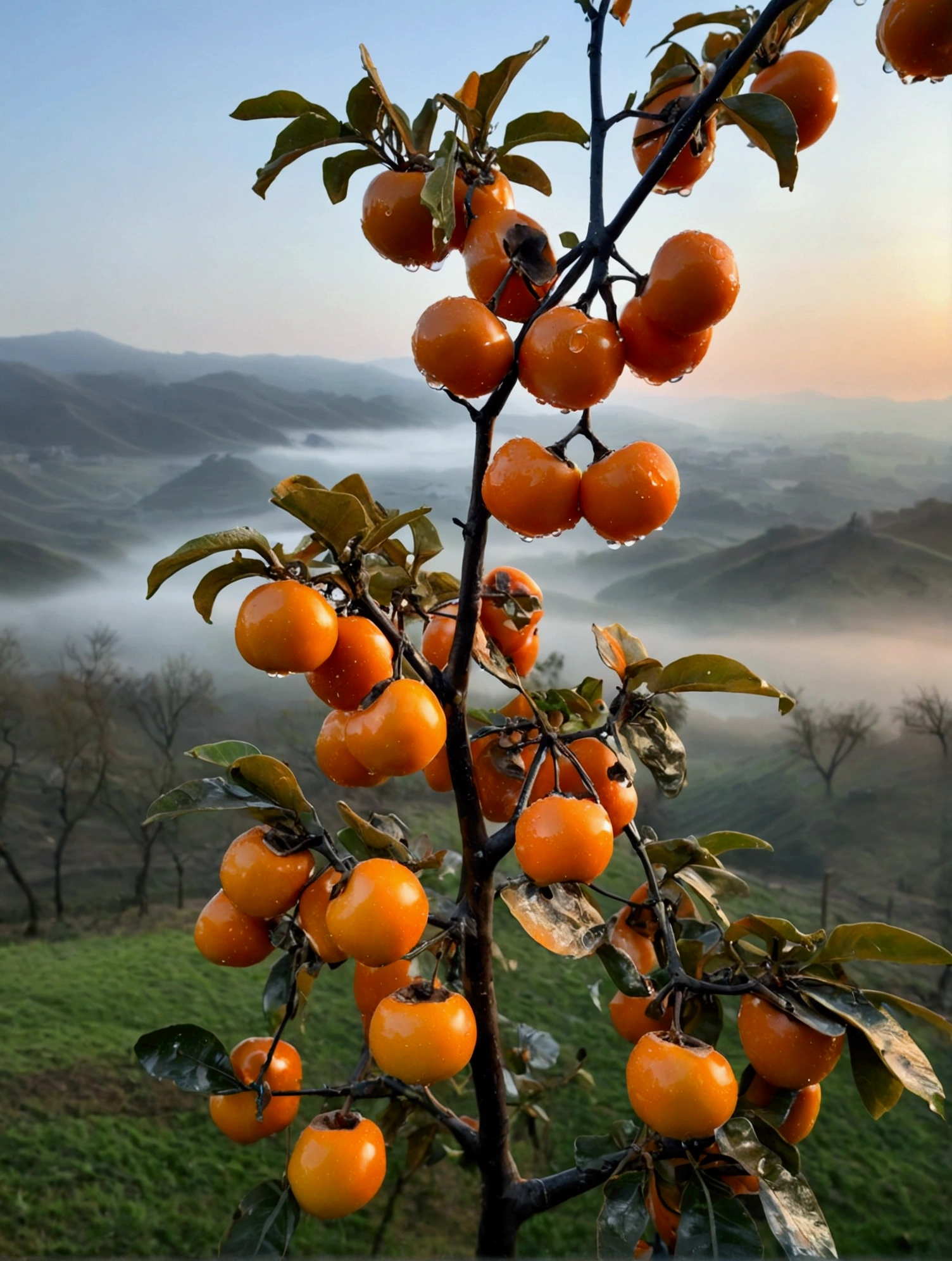 Persimmons hanging on the persimmon tree are all covered with water drops,The background is a misty valley with sunset glow,Real photography,Picture life,Real and natural,best quality, high resolution,masterpiece,High Detail