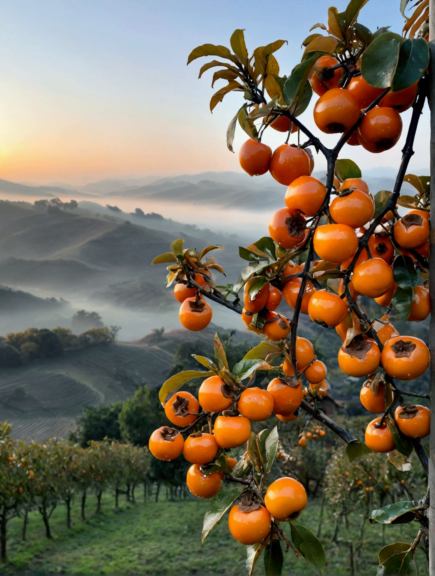 Persimmons hanging on the persimmon tree are all covered with water drops，The background is a misty valley with sunset glow，Real photography，Picture life，Real and natural，best quality, high resolution，masterpiece，High Detail
