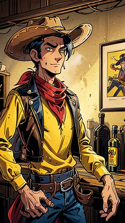 (1man, Lucky luke, yellow top, black jacket, jean, cowboy hat, red bandana), (extremely detailed CG unit 8k wallpaper),(master part), (best quality), (ultra detail), (best illustration),(melhor ombre), cowboy shot, (Sharp eyeliner, ombre, detail eyes), wild west saloon interiors background, ,break , (cowboy), upper body, short hair, black hair