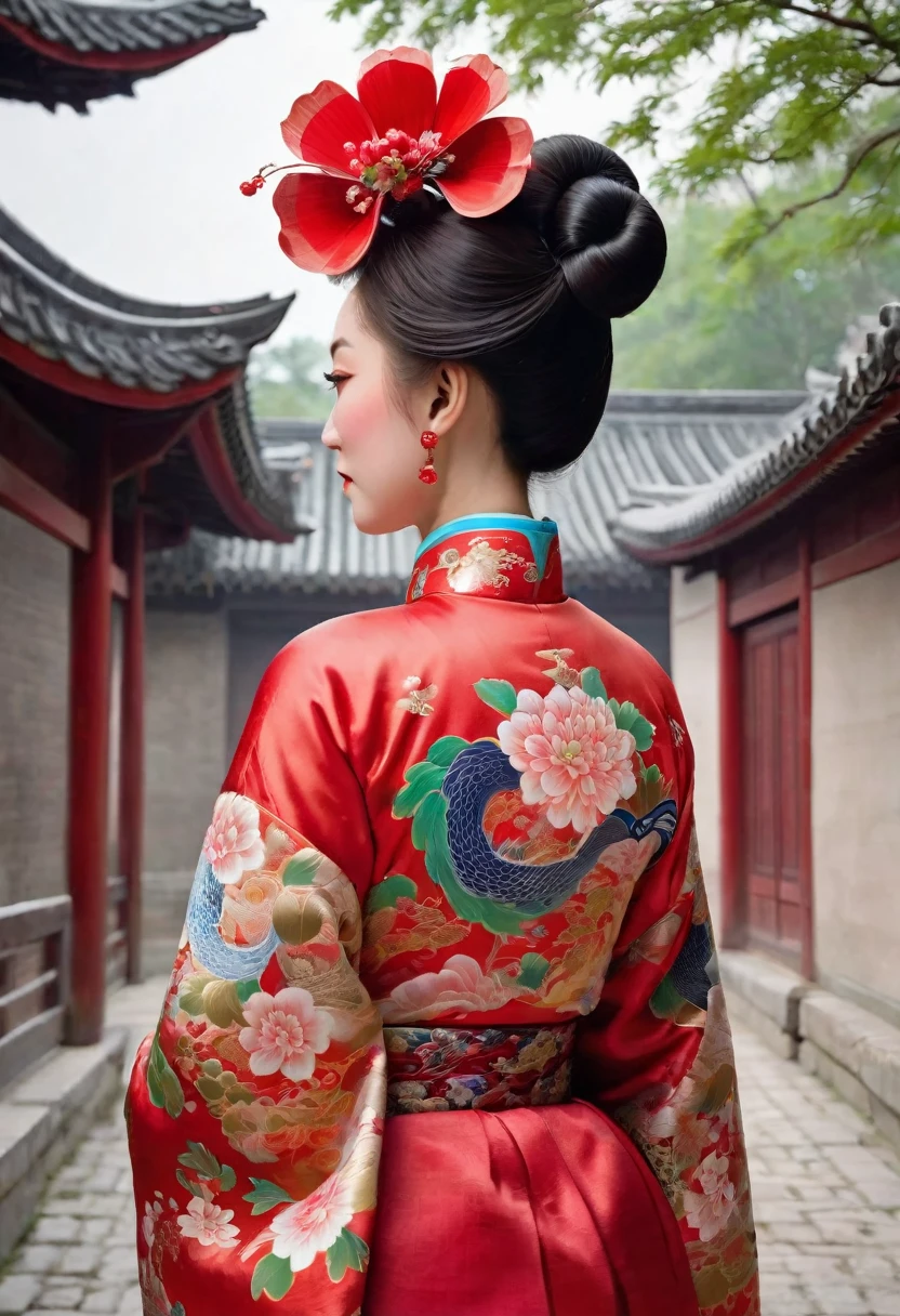 Photo from behind On the cobblestones outside the Qing Dynasty Palace、Empress Qing Dynasty、She is wearing a red Manchu outfit with a flashy floral pattern, and her hair is tied up and pulled up with a large, flashy flower and a hairpin. The figure shows her big buttocks exposed with her loincloth hanging down.