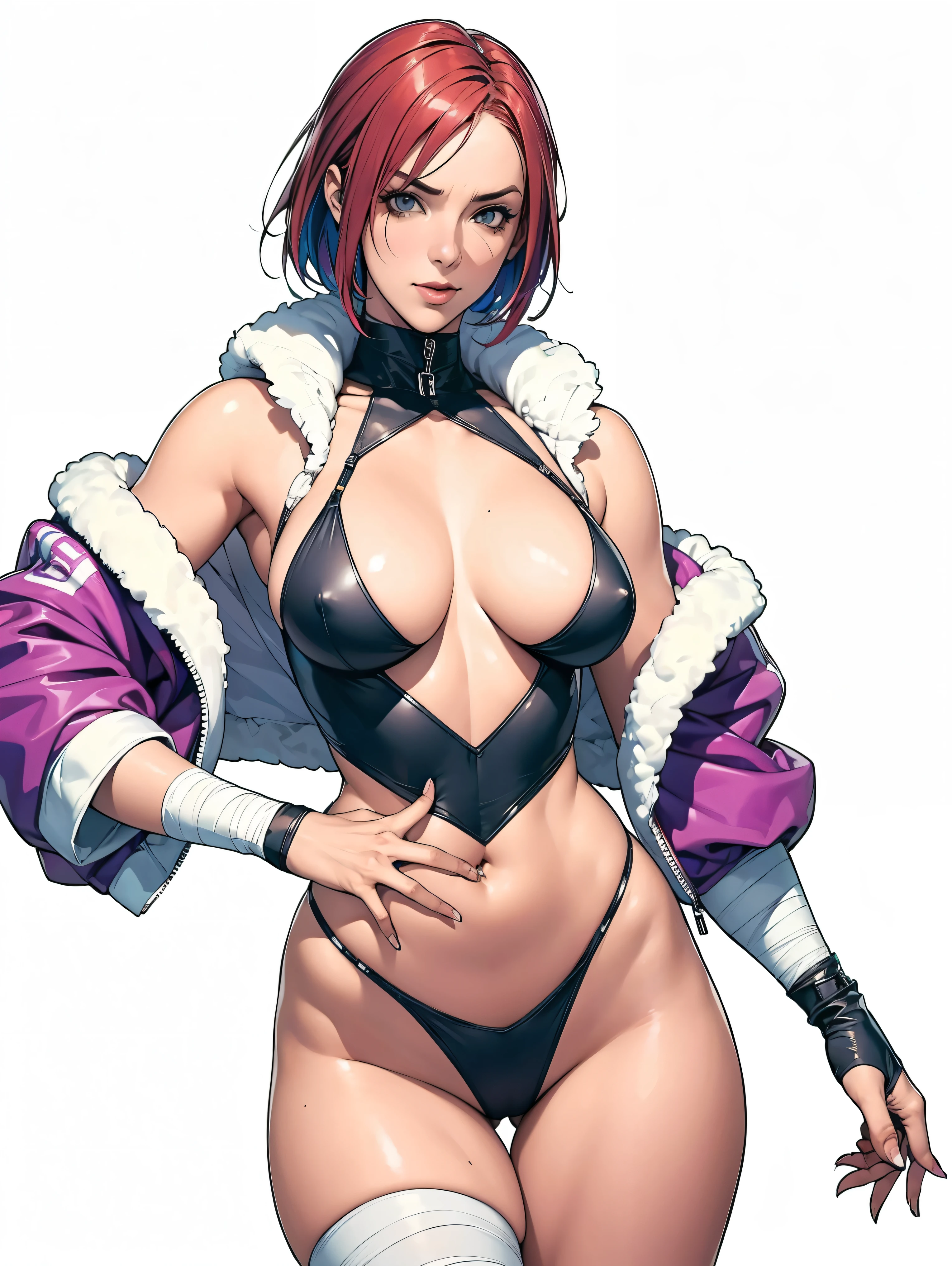 (((Annie Lennox))), (((colorful suit))), (scars), (((bandaged arms))), (((colorful clothes))) (( hood)), (((best quality: 1.4))), (Unbeatable masterpiece), (hyper HD),(CG 8k hyper-realistic), brave face, (((breasts big))), (((hyper feminine))), sexly girl, black tattoo,(ultra short red hair with white highlights)), ((( sculptural body ))), (((1 Kizi))), Kizi tatuada de 25 anos com perfect body,,Beautiful and well-groomed face,muscular body:1.2,solid color detailed jacket, (Head to thigh photos), Complex equipment, ,Tight clothes,With white stars and off-white stripes,,,,,Armor Metal Electronic Parts, Poison tattoos ) INFO, Kizi, (((standing alone))), , 24歳, sexy, pose de attitude, work of art, dancing, ((slight smile)), post-apocalypse, (((manga style))), bounty hunter, the way you want, perfect body, roupa moderna, advanced technology, white, yellow accent, black, red accent, fur collar jacket, sleeves with vertical striped pattern, background city, (( cowboy shot )). intricate visual, narrow waist, (((wide hips))), wide hips, fit thighs, (((thigh gap))), Thigh gap, background shows a futuristic airplane, open expression, expression happy to see viewer, happy mood,