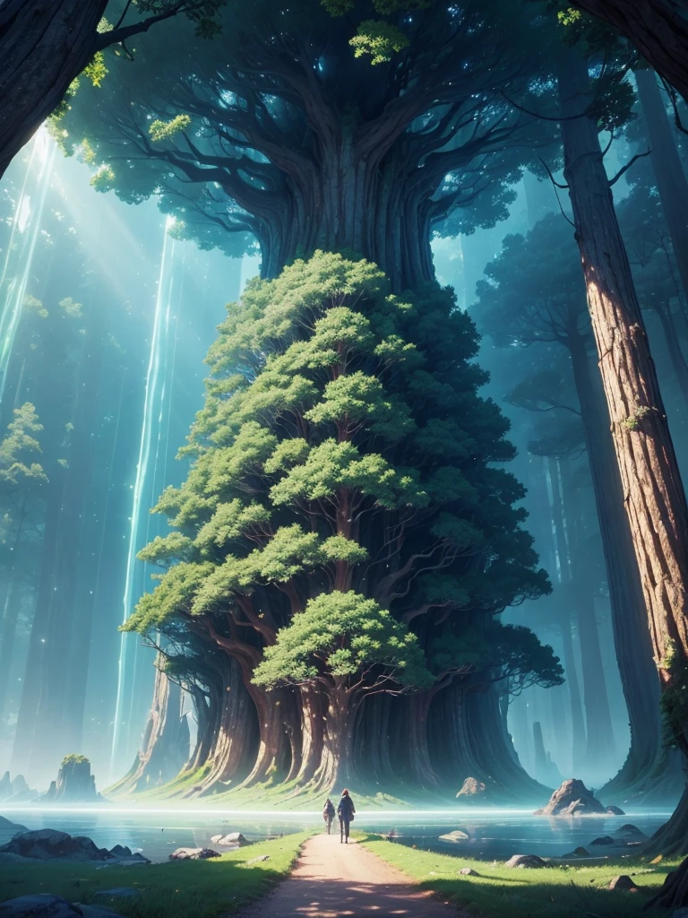 mysteriousな超巨大なトンネルの中に森がある,Giant Tree Forest,There is a huge tree,Different world,new world,universe,There is a road in the middle of the forest,Different world,The sunlight from the sun shines on the earth,Colorful,Best Quality,8k,mysteriouultidimensional,High Dimension,Fantasy,Different space,There are many different creatures,Nature,romantic,A world beyond imagination,Dream world,universe,Huge river,masterpiece,最高masterpiece,perfection,