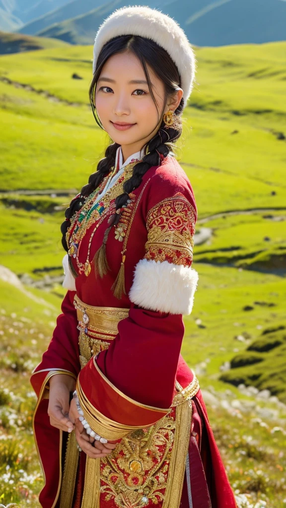 (((best quality))),(((ultra detailed))),(((masterpiece))),illustration,a beautiful Tibetan girl,solo,slim,flat chest,Plush hat,snow-capped plateau,magnificent red traditional open outfit,radiant smile,Standing by the roadside,vast verdant grasslands,majestic snow-capped peaks,striking appearance,dark almond-shaped eyes,sparkling with joy,long flowing black hair,intricate braids,colorful beads,jewelries,intricately woven ribbons,red rob embroidered with golden threads,Tibetan culture,lush green grasslands,serene ambiance,sheep and yaks grazing,crisp air,invigorating scent of the highland,beauty and resilience,pure bliss