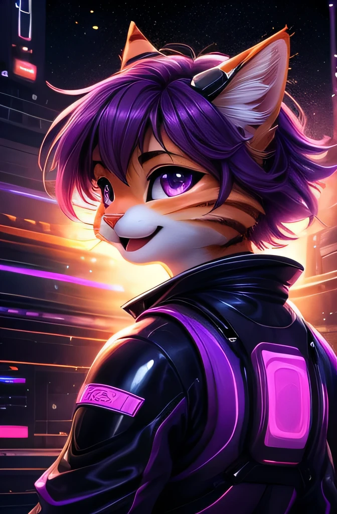 ASCIIrealistic, masterpiece, (three quarter back) view, backside, over the shoulder, above shot, cute (female (anthro ((orange/tabby) cat))) glossy fur, purple eyes, sitting in a purple car ((short messy purple hair, short bangs)), (hot pink and purple space suit | latex alien suit, utility space suit with many straps and stickers), racing stickers, tubes, tactical patches, retrofuturistic accessories, goggles, closed mouth, uploaded on e621, (by Hasui Kawase:0.5), by Barbara Takenaga, by Affandi, by Beatrice Ethel Lithiby, by Catcouch, FurryCore, nighttime, colored magical lights, dim lighting, fluro neons, hot pink, neon green and purple aesthetic, cyber tokyo city at night, realistic, 8k uhd, high quality, high quality photography, 3 point lighting, flash with softbox, 4k, Canon EOS R3, hdr, smooth, sharp focus, high resolution, award winning photo, 80mm, f2.8, bokeh, cinematic composition, cinematic lighting,highly detailed, masterpiece, best quality, realistic, (intricate:0.9), (high detail:1.4), film photography, sharp focus,