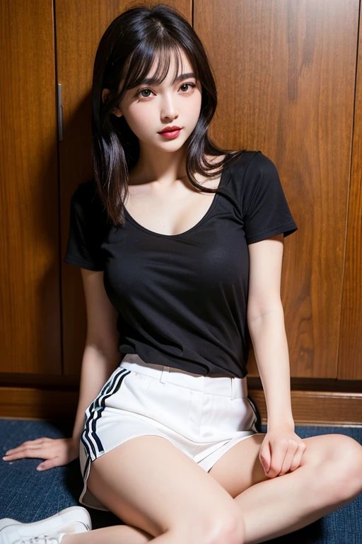 ((Highest quality)), ((masterpiece)), (detailed), One girl, sexy、friend、Black Hair、semi-long、Brown eyes、BlackＴshirt、White shorts、 D cup breasts、Sitting on the floor、The background is the girl&#39;s room.