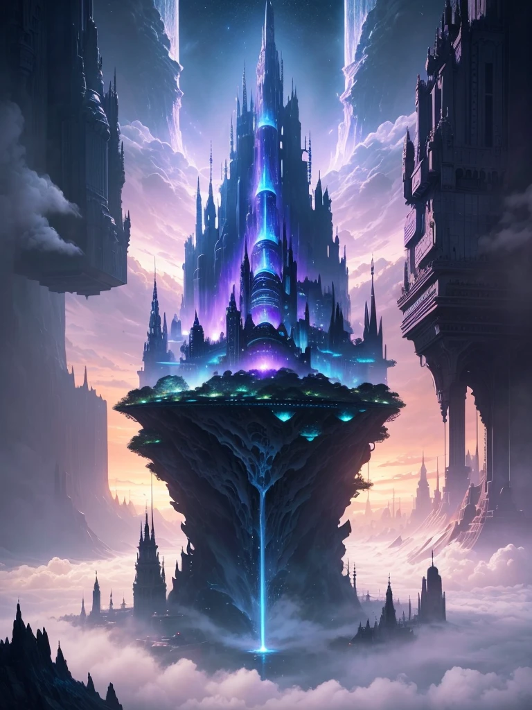 A huge fantastical sci-fi city, aether city, Fantasy，Another World Adventure，Great Heaven，floating aerial metropolis,Skyscrapers、universe，new world，new dimension，Huge construction，Super huge waterfall，mysterious，Fantasy， towering skyscrapers, massive waterfall, celestial planets in the sky, surrounded by clouds, cosmic architecture, violet energy scars around, central massive castle, astral sky