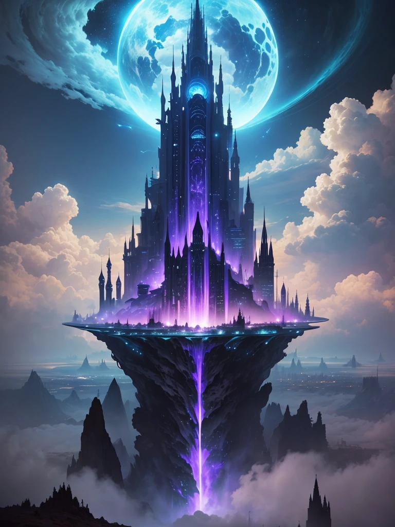 A huge fantastical sci-fi city, aether city, Fantasy,Another World Adventure,Great Heaven,floating aerial metropolis,Skyscrapers、universe,new world,new dimension,Huge construction,Super huge waterfall,mysterious,Fantasy, towering skyscrapers, massive waterfall, celestial planets in the sky, surrounded by clouds, cosmic architecture, violet energy scars around, central massive castle, astral sky