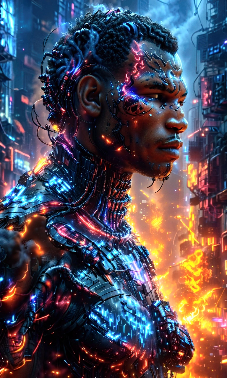 a cyberpunk cyborg Mike Tyson standing in his famous fighting pose, fierce determined expression, body enhanced with intricate robotic parts, towering futuristic skyscrapers, illuminated by neon lights, smoke filled sky with fiery embers, gripping a burning chain, flames casting dynamic shadows and reflections, stunning realism in 4K or 8K, highly detailed portrait, cinematic lighting, dramatic colors, intricate details, advanced technology, science fiction undefined, undefined, undefined, undefined, undefined, undefined, undefined, undefined, undefined,