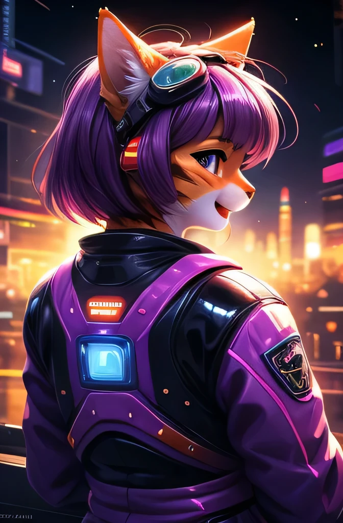 ASCIIrealistic, masterpiece, (three quarter back) view, backside, over the shoulder, above shot, cute (female (anthro ((orange/tabby) cat))) glossy fur, purple eyes, sitting in a purple car ((short messy purple hair, short bangs)), (hot pink and purple space suit | latex alien suit, utility space suit with many straps and stickers), racing stickers, tubes, tactical patches, retrofuturistic accessories, goggles, closed mouth, uploaded on e621, (by Hasui Kawase:0.5), by Barbara Takenaga, by Affandi, by Beatrice Ethel Lithiby, by Catcouch, FurryCore, nighttime, colored magical lights, dim lighting, fluro neons, hot pink, neon green and purple aesthetic, cyber tokyo city at night, realistic, 8k uhd, high quality, high quality photography, 3 point lighting, flash with softbox, 4k, Canon EOS R3, hdr, smooth, sharp focus, high resolution, award winning photo, 80mm, f2.8, bokeh, cinematic composition, cinematic lighting,highly detailed, masterpiece, best quality, realistic, (intricate:0.9), (high detail:1.4), film photography, sharp focus,