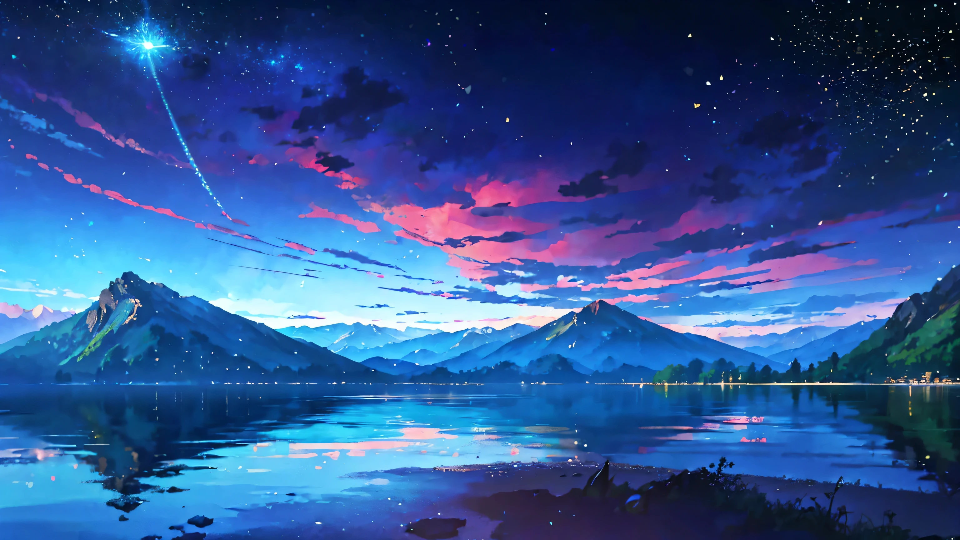 The towering mountains are reflected in the calm waters of the clear lake々painted、Peaceful scenery scene in anime style. author：Shinkai Makoto, Anime Art Wallpaper 4K, Anime Art Wallpaper 4K, anime art wallpaper 8 k, Anime Wallpaper 4K, Anime Wallpaper 4K, 4k anime wallpaper, Anime sky, Great wallpaper, Anime Background, Celestial planets in the background, Anime Background art