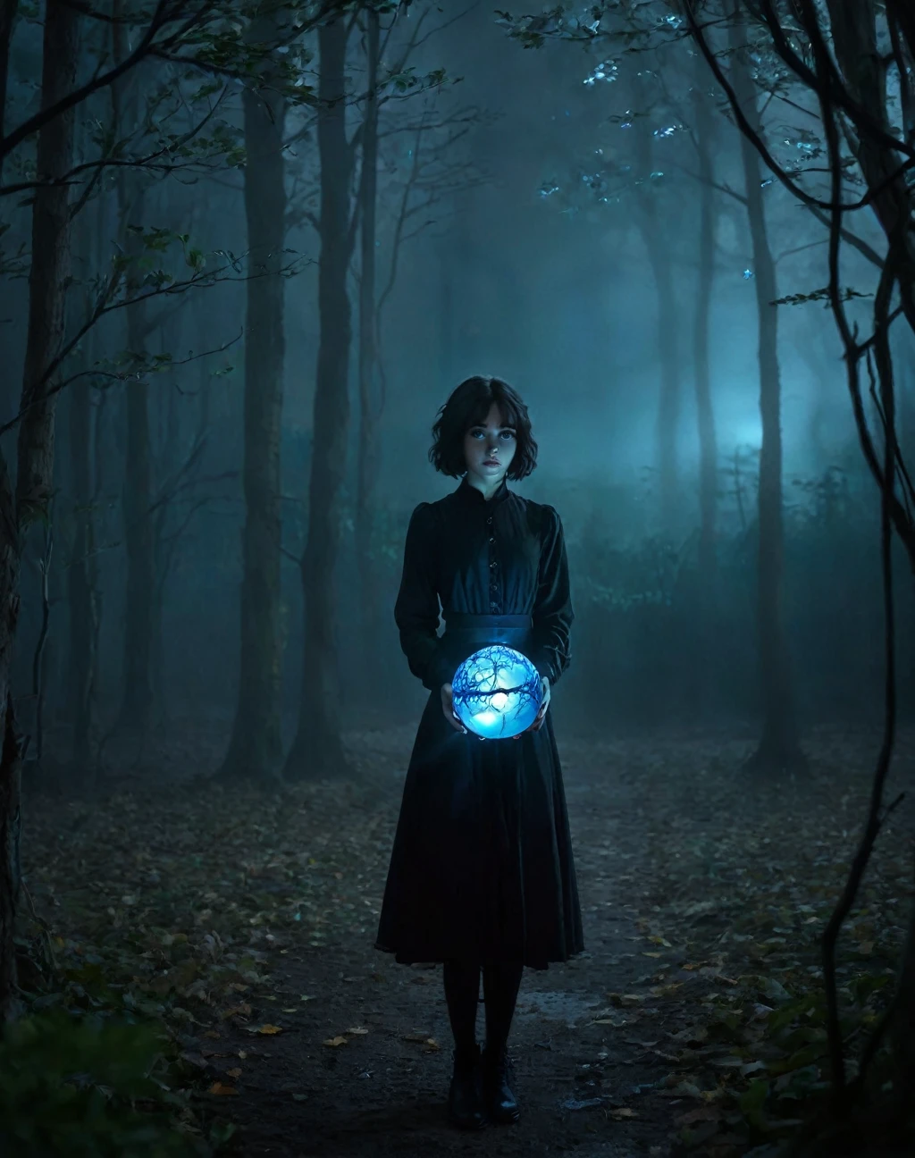lone female figure, illustration of 11 years old daughter of severus snape, green eyes, dark forest, night, staff, glowing blue crystal, glass sphere, silhouette, facing right, fog, floating leaves, mysterious atmosphere, dark atmosphere, light from staff, short dark hair, simple dark clothing, enigmatic mood, dark fantasy, beautiful art style, flat art style, delicate art style, recent european comic, vivid colors, meticulous shadows, masterpiece, best quality, extremely detailed, novela grafica,