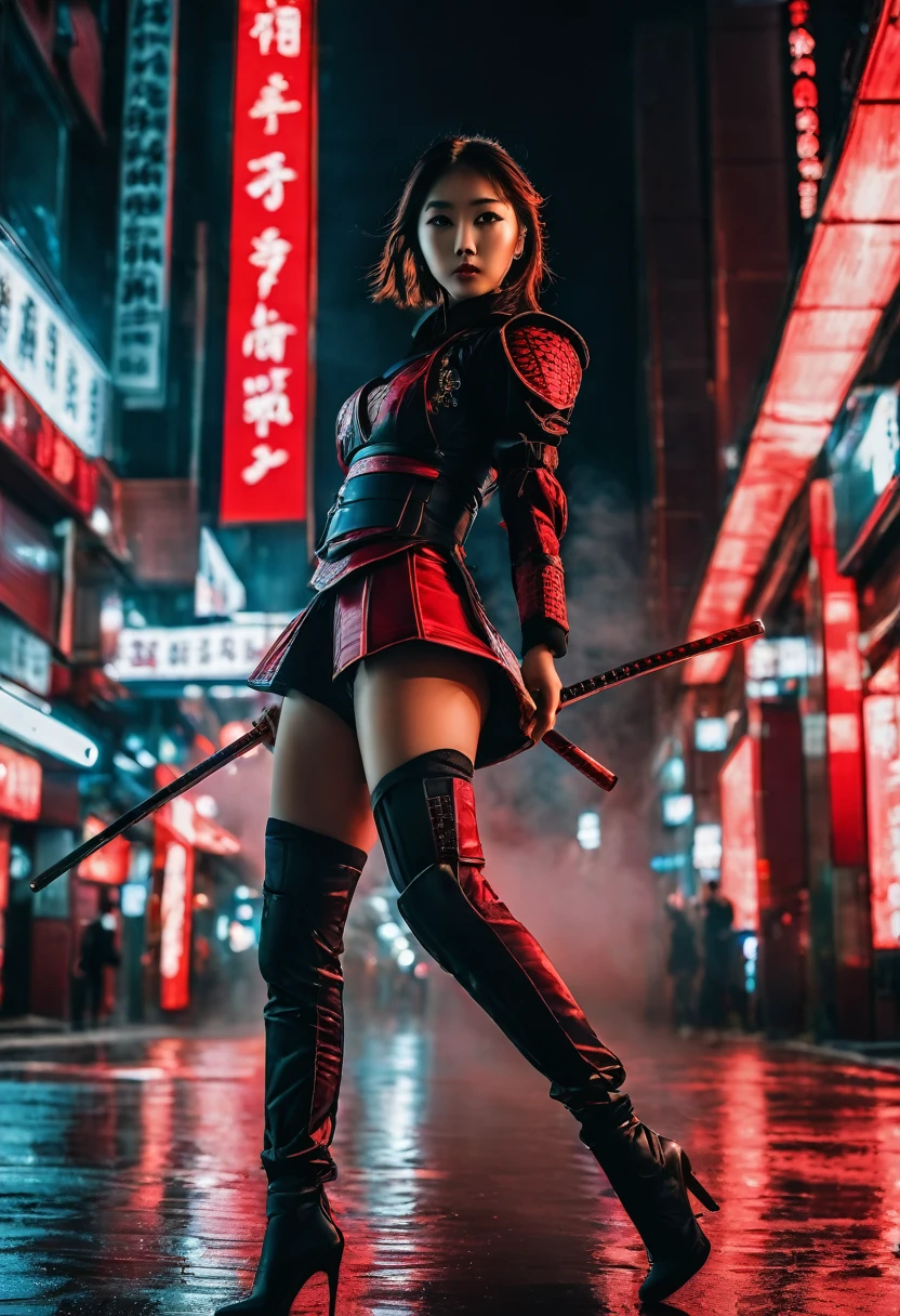 cinematic film beautiful girl samurai, wear nothing but samurai armor, dynamic pose, jumping pose, model poses, novuschroma60 style bokeh, long legs, sword stance, sword dance, swing sword like dancing, fighting stance, the red moon highlights the subject, single sword, one hand hold sword, a slight back bend, night, rimlight, darkness, dark, low-key, chiaroscuro, symmetry, elegance, cyberpunk dystopia, megabuildings, advertisement, dystopia, mechanical arms, science fiction, no humans, samurai, low angle, fisheye lens, wide angle lens, Glow, red mist, red smoke, red fog, shallow depth of field, highly detailed, high budget, cinemascope, moody, epic, gorgeous, film grain, grainy