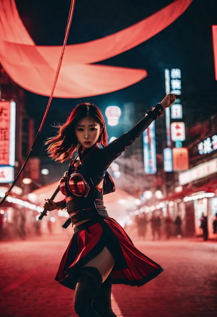 cinematic film beautiful girl samurai, wear nothing but samurai armor, dynamic pose, jumping pose, model poses, novuschroma60 style bokeh, long legs, sword stance, sword dance, swing sword like dancing, fighting stance, the red moon highlights the subject, single sword, one hand hold sword, a slight back bend, night, rimlight, darkness, dark, low-key, chiaroscuro, symmetry, elegance, cyberpunk dystopia, megabuildings, advertisement, dystopia, mechanical arms, science fiction, no humans, samurai, low angle, fisheye lens, wide angle lens, Glow, red mist, red smoke, red fog, shallow depth of field, highly detailed, high budget, cinemascope, moody, epic, gorgeous, film grain, grainy