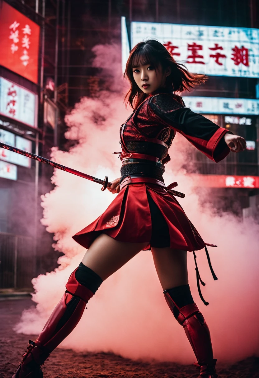 cinematic film beautiful girl samurai, wear nothing but samurai armor, dynamic pose, jumping pose, model poses, novuschroma60 style bokeh, long legs, sword stance, sword dance, swing sword like dancing, fighting stance, the red moon highlights the subject, single sword, one hand hold sword, a slight back bend, night, rimlight, darkness, dark, low-key, chiaroscuro, symmetry, elegance, cyberpunk dystopia, megabuildings, advertisement, dystopia, mechanical arms, science fiction, no humans, samurai, low angle, fisheye lens, wide angle lens, Glow, red mist, red smoke, red fog, shallow depth of field, highly detailed, high budget, cinemascope, moody, epic, gorgeous, film grain, grainy
