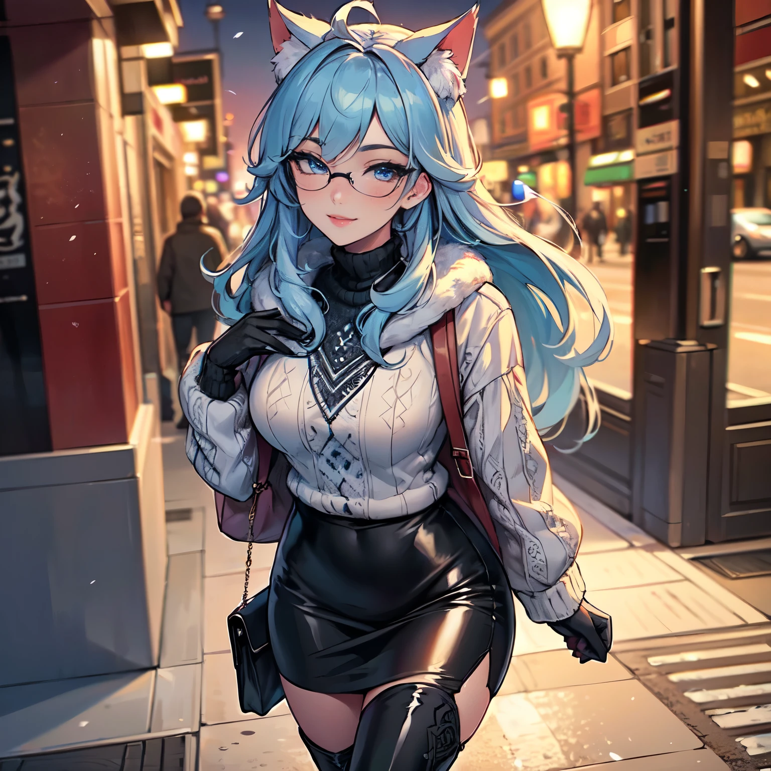 Masterpiece, beautiful art, professional artist, 8k, art style by sciamano240, very detailed face, detailed hair, detailed clothes, detailed fabric, 1girl, perfectly drawn body, beautiful face, long hair, blue hair , very detailed blue cat eyes, wide smile, wearing trendy winter clothes , black thigh boots, black pencil skirt, glasses, wearing gloves, pouty lips , rosey cheeks, evening winter setting, , show details in eyes, upclose view, looking at viewer, walking on sidewalk, purse on shoulder,