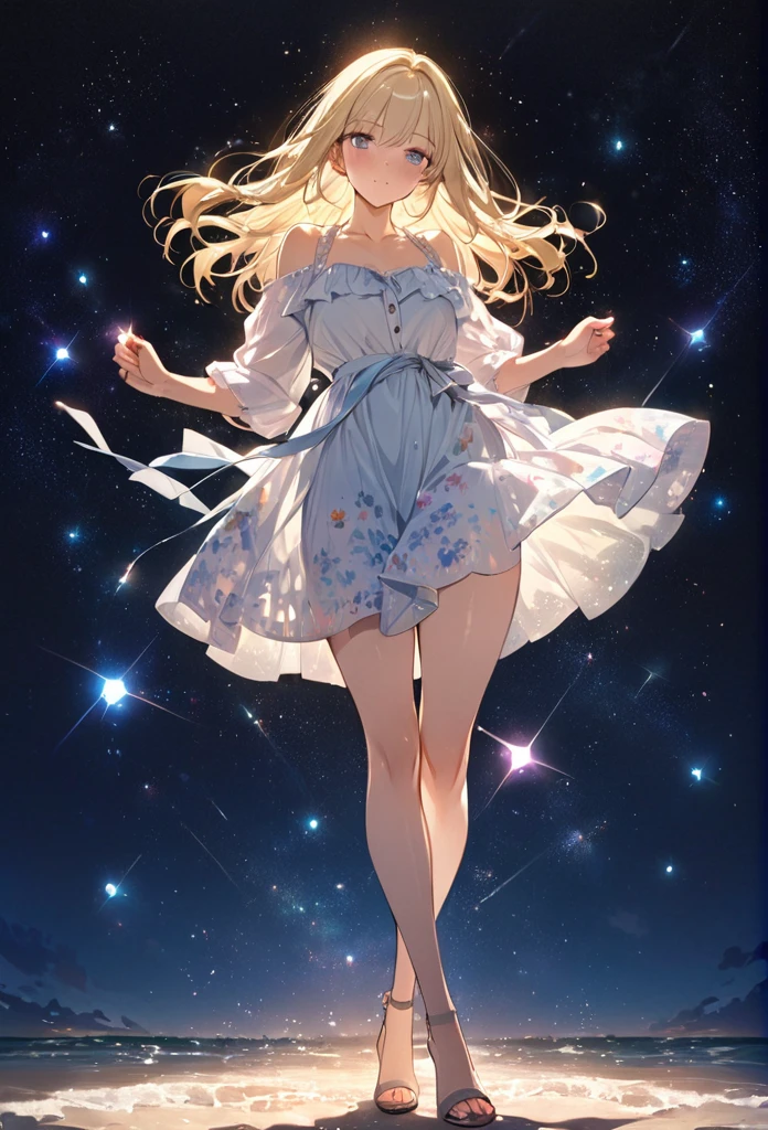 ((masterpiece)),(((Highest quality))),Thin thighs,Long legs,whole body:1.5，(One Girl:1.3),(More beautiful casual summer outfits：1.3),(Wearing light casual clothes:1.2),Short Blonde:1.2、Model pose，Gravure idol、
、flowerpunk、Sparkling light particles、Vivid gradient effect