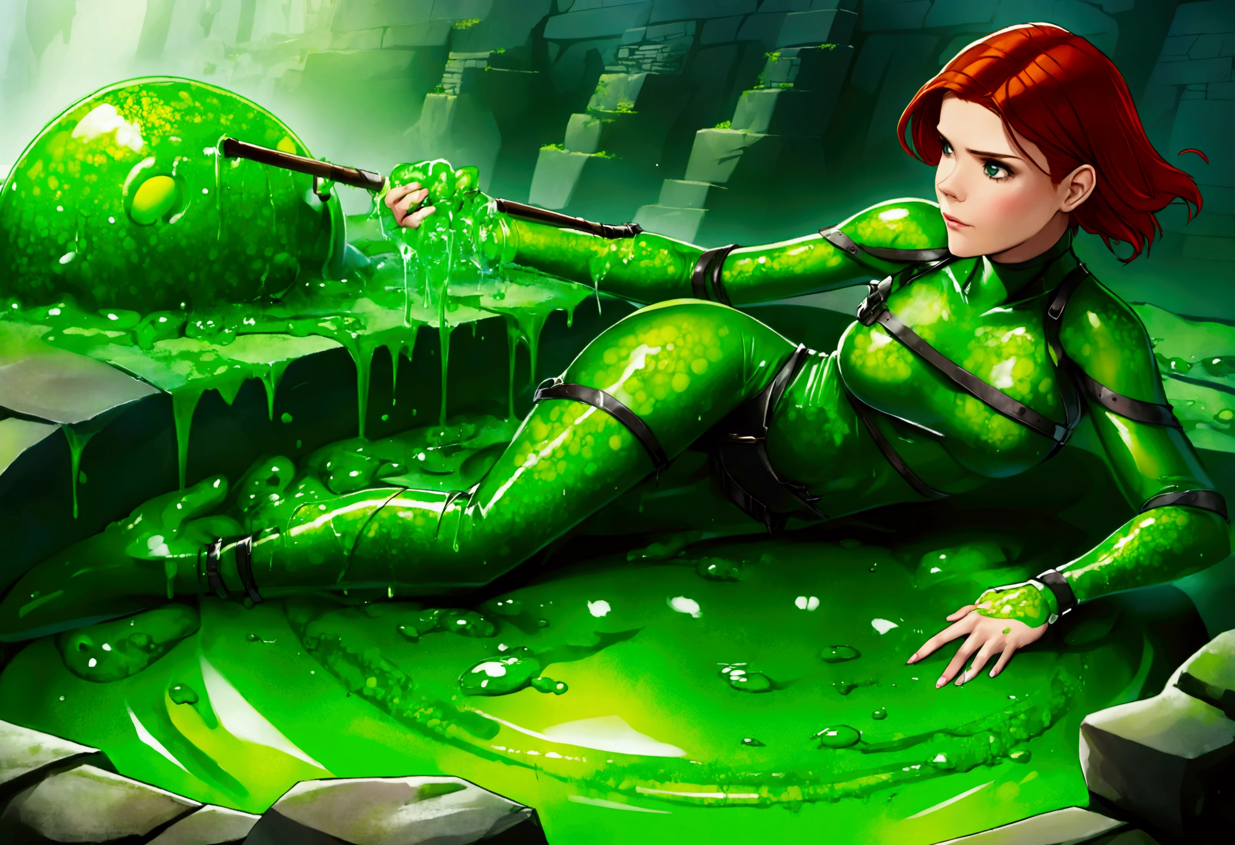 Kate Mara, age 25, adventurer sexy outfit, has fallen into a slime pit trap. ancient ruins, big splash. covered in slime. Something vicious lives in the slime