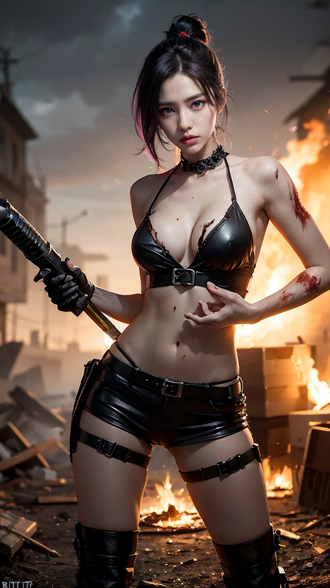 Zombie Slayer Jinx from League of Legends by Riot Games: Jinx in her Zombie Slayer skin, massive k-cups,equipped with rugged, post-apocalyptic gear and makeshift weapons, fighting off hordes of zombies, using her flame-thrower and makeshift explosives with "Zap!