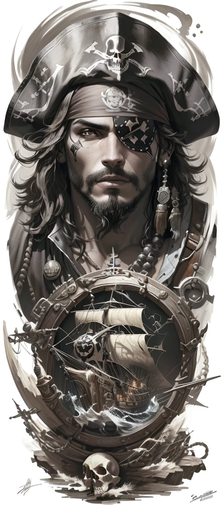 pirata ship with skull and eye patch tattoo design, pirata portrait, pirata, Mark Brooks detalhado, por Eddie Mendoza, pirataria ornamentada, pardal, piratas, captain pardal, retrato altamente detalhado, a pirata, por Dave Arredondo, portrait of captain pardal, foto de retrato, por Arthur Pan, por Randy Vargas, swashbuckler class pirata