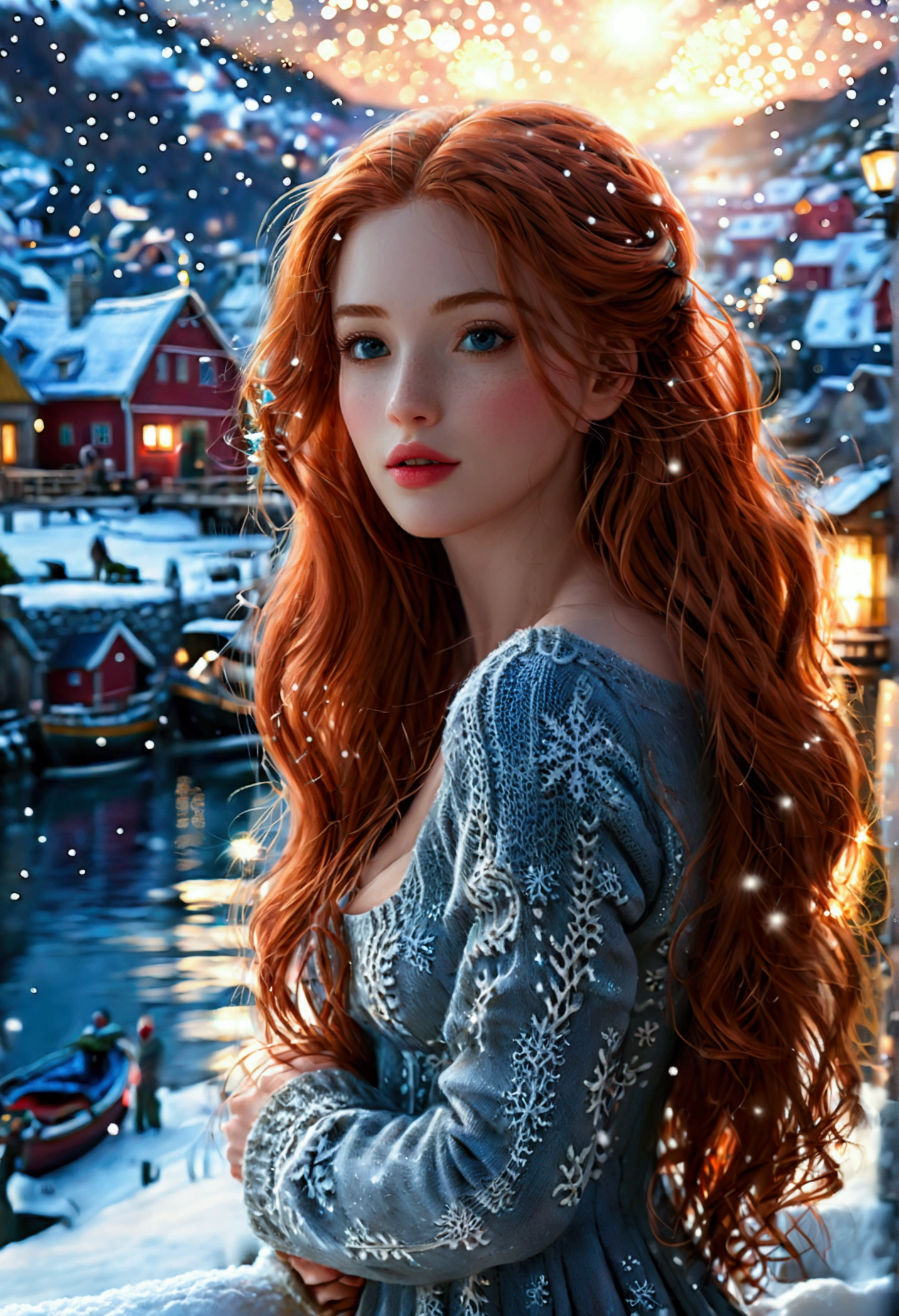 (full body shot:1.1) photorealistic image of a (standing pose:1.1) woman, ultra realistic, photography, long red hair, girl, 24 years old, hourglass figure, perfect body, Flirty look, natural medium breasts, blur background, in the harbor of a small snowy village, winter scene starry night scene. (Masterpiece, Best Quality, Highres:1.4), Detailed, Intricate Details, 4K