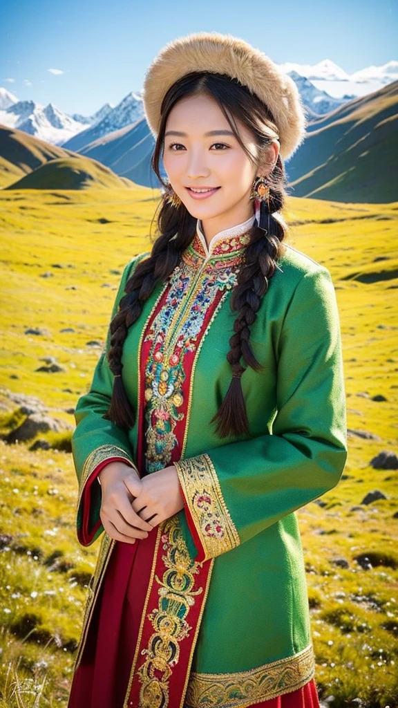 (((best quality))),(((ultra detailed))),(((masterpiece))),illustration,a beautiful Tibetan girl,solo,slim,flat chest,Plush hat,snow-capped plateau,magnificent red traditional open outfit,radiant smile,Standing by the roadside,vast verdant grasslands,majestic snow-capped peaks,striking appearance,dark almond-shaped eyes,sparkling with joy,long flowing black hair,intricate braids,colorful beads,jewelries,intricately woven ribbons,red rob embroidered with golden threads,Tibetan nude,lush green grasslands,serene ambiance,sheep and yaks grazing,crisp air,invigorating scent of the highland,beauty and resilience,pure bliss