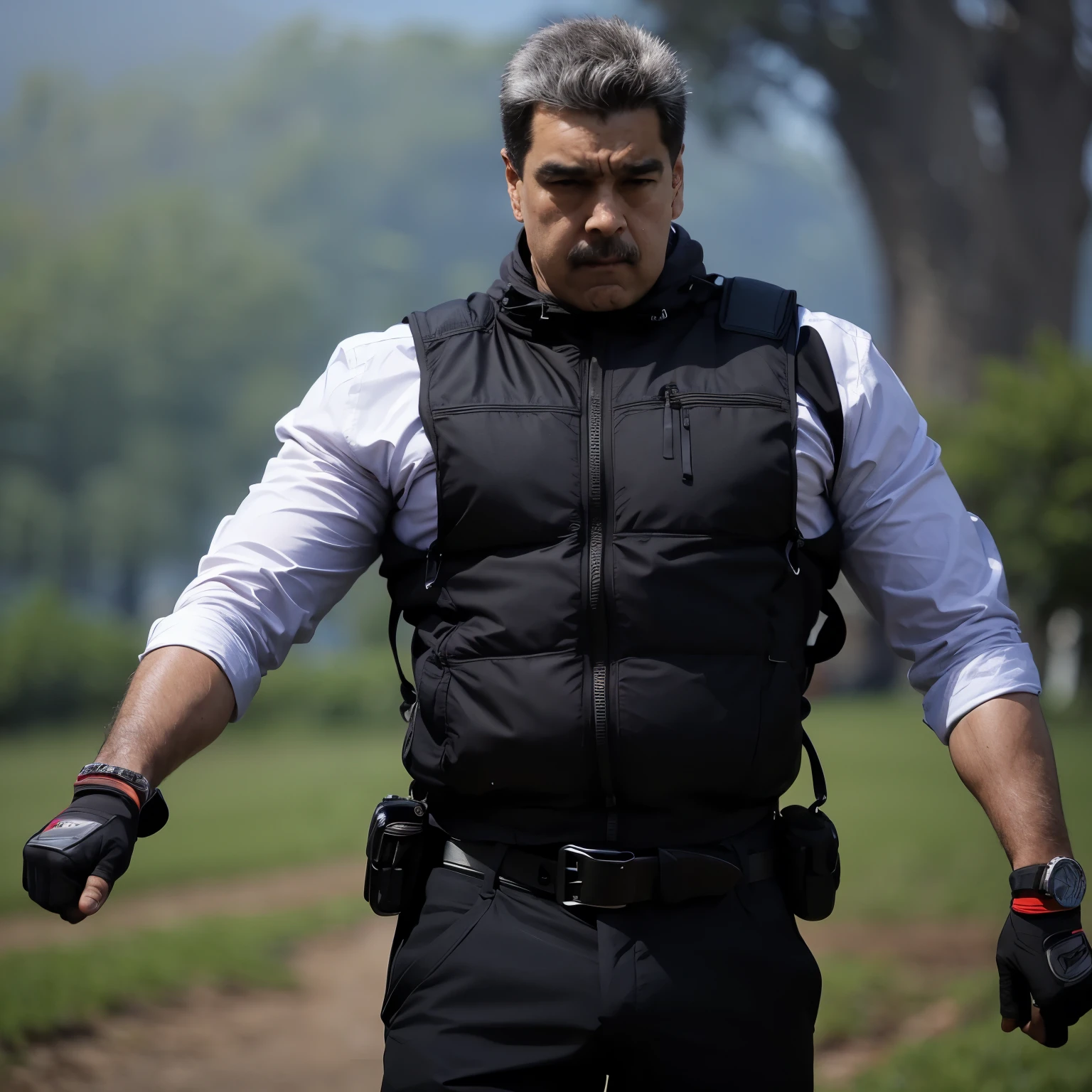 (masterpiece, best quality:1.2) The man is wearing a black tactical vest and fingerless gloves, highlighting his strong and muscular physique. He also has a tool belt with several pouches, adding to his action-oriented appearance.
The subject stands confidently with his arms crossed, exuding a sense of power and readiness. His facial expression is intense, with a slight furrow between his eyebrows, matching the dramatic and stormy surroundings.