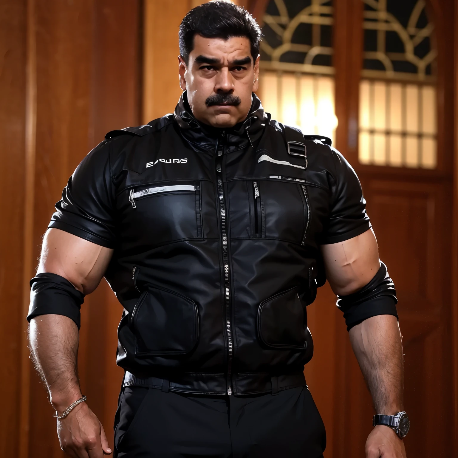 (masterpiece, best quality:1.2) The man is wearing a black tactical vest and fingerless gloves, highlighting his strong and muscular physique. He also has a tool belt with several pouches, adding to his action-oriented appearance.
The subject stands confidently with his arms crossed, exuding a sense of power and readiness. His facial expression is intense, with a slight furrow between his eyebrows, matching the dramatic and stormy surroundings.