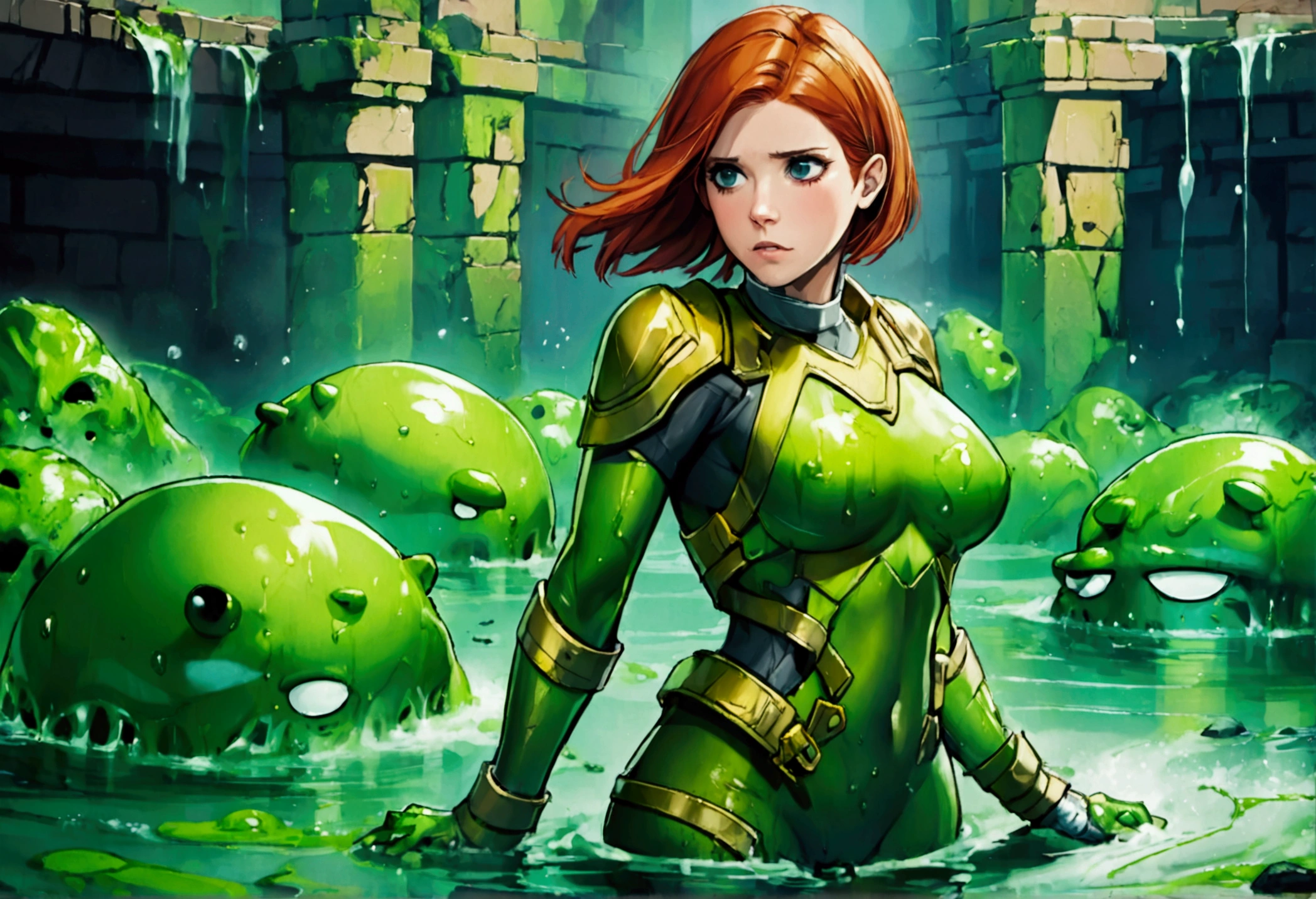 A 25-year-old woman named Kate Mara, wearing a sexy adventurer outfit, has fallen into an ancient ruins slime pit trap, causing a big splash and covering her in slime. Something vicious lurks within the slime.
