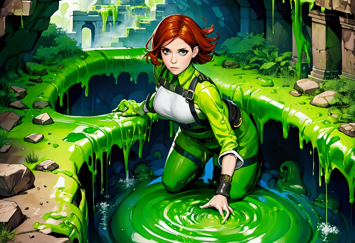A 25-year-old woman named Kate Mara, wearing a sexy adventurer outfit, has fallen into an ancient ruins slime pit trap, causing a big splash and covering her in slime. Something vicious lurks within the slime.
