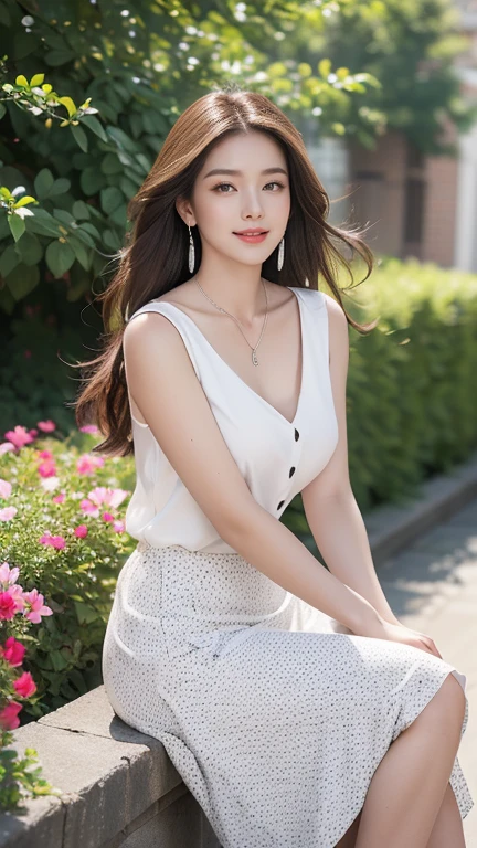 (highest quality,masterpiece:1.3,Ultra-high resolution),(Super detailed,Caustics,8k),(Photorealistic:1.4,RAW shooting),(Buckshot),Japanese,23 years old,cute,Are standing,(Smiling and looking at the camera),Black Hair Middle Hair,Big Breasts,White blouse,Knee-length skirt,Strong winds,Hair blowing in the wind,Rooftop,Backlight,Sunset,Sunset sky,Waist up shot,Face Focus,Face close up,Natural light
