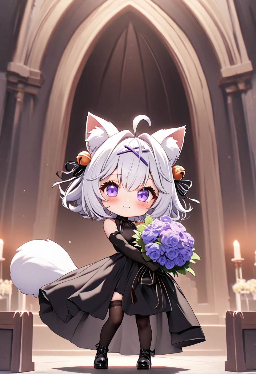 master piece, best quality, ultra-detailed, illustration, 1girl, solo, chibi, (big head), cute pose, front view, looking at viewer. Filiansailor, (((purple hairclip)) ), hair bell, white hair, short hair, cat ears, ahoge, purple eyes, blush, smiling, fluffy tail, long ponytail hair, long black gown, high slit gown, black arm sleeve, black gloves, holding bridal bouquet, black leg stockings, black high heals, church background, altar, center isle