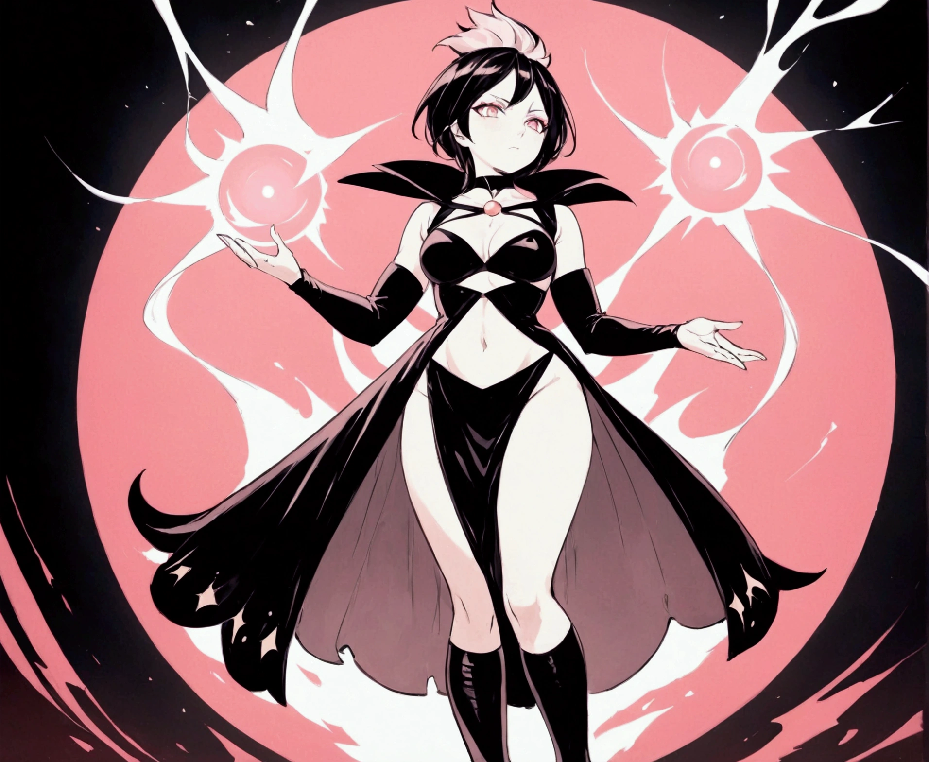 anime screenshot, 1 adult girl, dark sorceress witch, magic battle scene, powerful sorcery technique, anime tv, anime fantasy shonen, dark fantasy, magic ability, pink fire skeletons, cel shading - Adult female witch lying on the ground in attack stance, crawling ready to attack, chained in holy shackles, very long charcoal black hair covering her face as if a long time has passed and very dark and light adult eyes, a look of murderous madness and an athletic body, dark torn clothes with a long dirty torn dress, torn shoulder pads with snake details on the tip, snakes glowing a ghostly light blue around her sprout from the character's back, they slither through the cave where they were found, the detail of the cave is the blood on the walls and skulls and food remnants and dust.