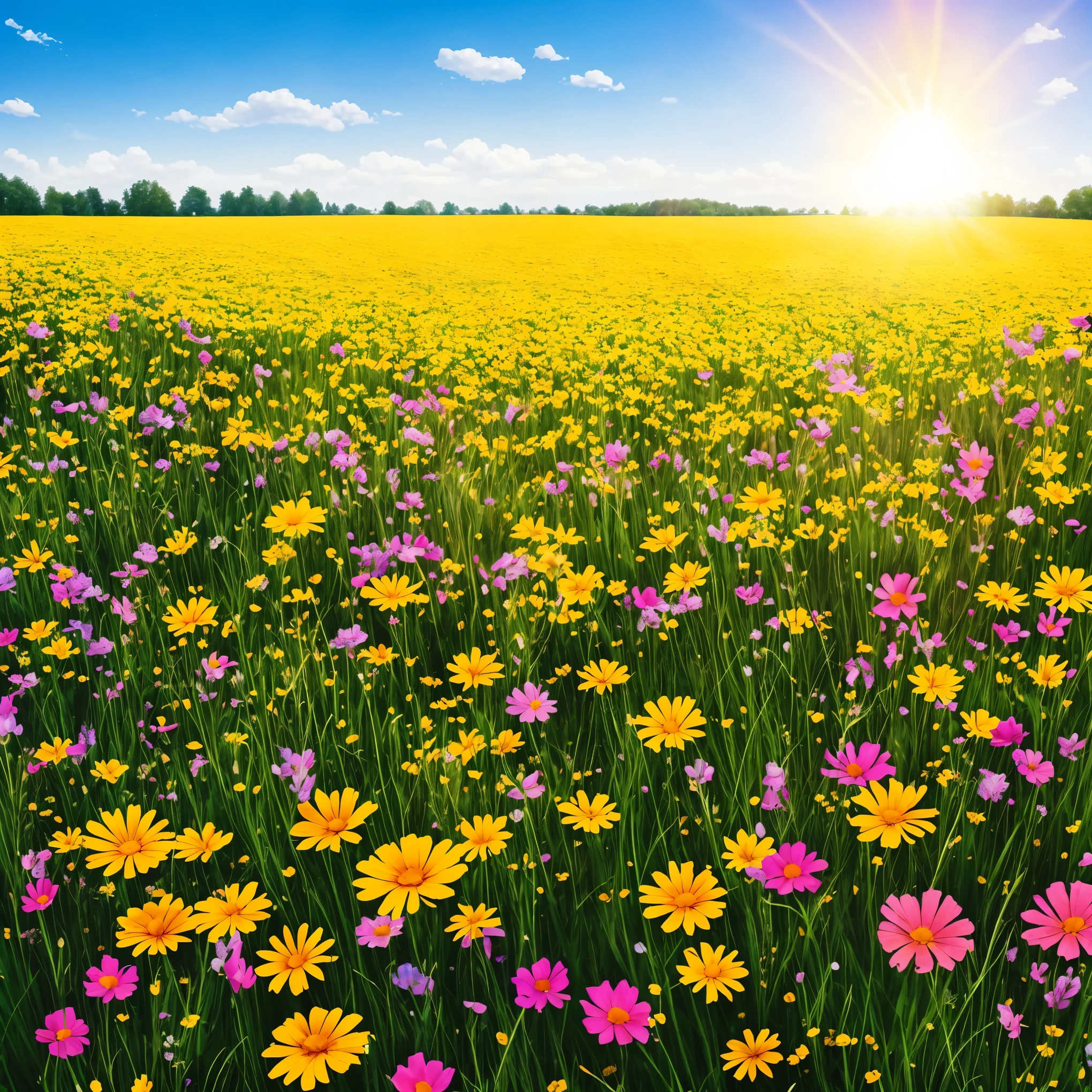 a field of flowers with the sun shining in the background, bright sunny summer day, 🌺 cgsociety, sunny meadow, bright and sunny day, sunny day time, bright summer day, in a sunny day, bright sunny time, beautiful sunny day, on a sunny day, bright sunny day, by Igor Zenin, sunny morning light, beautiful flowers, meadow flowers