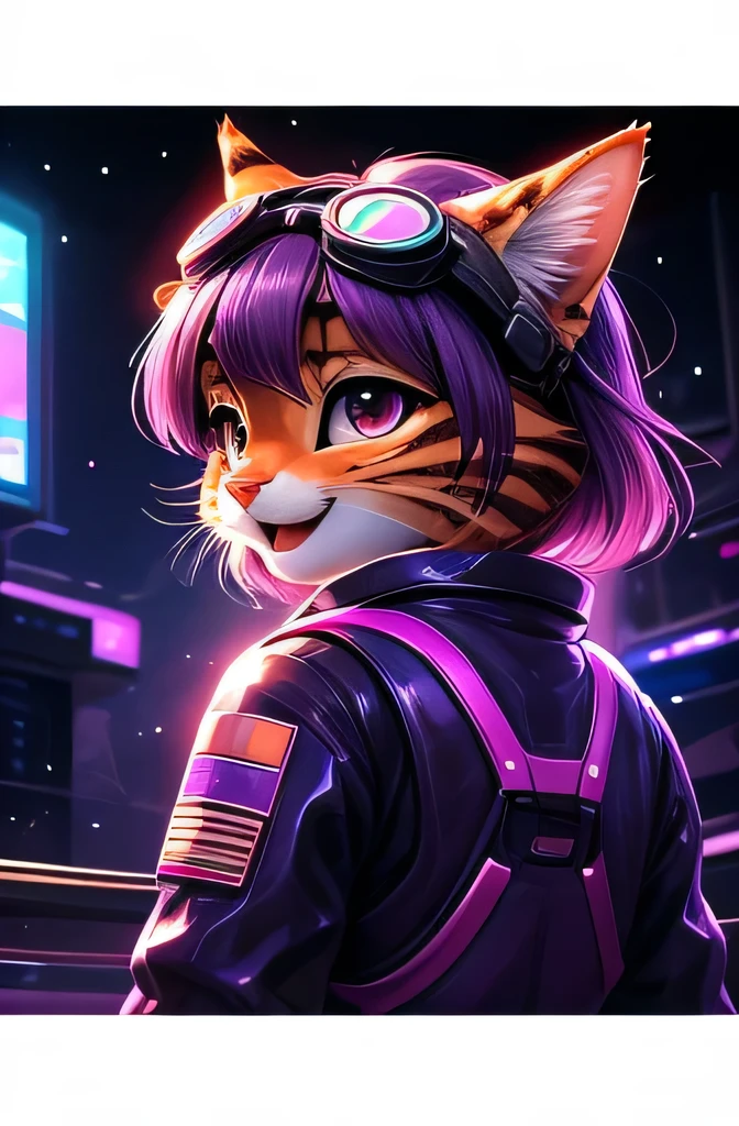 ASCIIrealistic, masterpiece, (three quarter back) view, backside, over the shoulder, above shot, cute (female (anthro ((orange/tabby) cat))) glossy fur, purple eyes, sitting in a purple car ((short messy purple hair, short bangs)), (hot pink and purple space suit | latex alien suit, utility space suit with many straps and stickers), racing stickers, tubes, tactical patches, retrofuturistic accessories, goggles, closed mouth, uploaded on e621, (by Hasui Kawase:0.5), by Barbara Takenaga, by Affandi, by Beatrice Ethel Lithiby, by Catcouch, FurryCore, nighttime, colored magical lights, dim lighting, fluro neons, hot pink, neon green and purple aesthetic, cyber tokyo city at night, realistic, 8k uhd, high quality, high quality photography, 3 point lighting, flash with softbox, 4k, Canon EOS R3, hdr, smooth, sharp focus, high resolution, award winning photo, 80mm, f2.8, bokeh, cinematic composition, cinematic lighting,highly detailed, masterpiece, best quality, realistic, (intricate:0.9), (high detail:1.4), film photography, sharp focus,