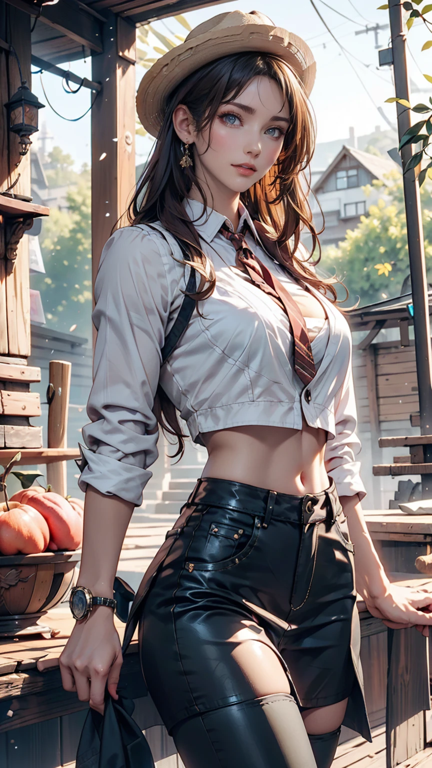 Attractive woman [Gunman:Bounty Hunter:0.4] Standing in the End Wilderness (Glitch Wave Style:1) 、Fringed waistcoat、Cowboy hat、Cowboy boots、Large breasts、Narrow waist