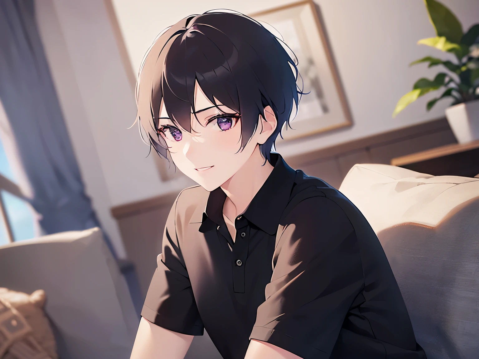 shiny skin,masterpiece,Highest quality,(27-year-old male:1.5),BREAK(Black short hair) and (Purple eyes)BREAK,(Black polo shirt:1.5),(light smile),The background is the living room,(Alone:1.5)