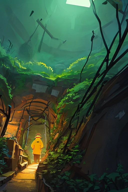Man 40 years old, with rounded dark yellow beards, earth underfoot, and under the man’s foot is the square entrance to the bunker, There is a forest around and behind there is a plant and a factory.. day