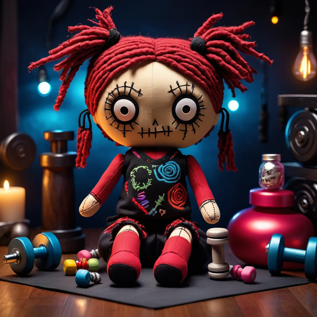 (knitted toy voodoo doll:1.7), (Voodoo in a gym with animated dumbbells:1.3), (Clothing: tattered workout clothes with mystical symbols:1.0), (Accessories: miniature moving dumbbells, tiny glowing exercise equipment, small eerie gym bag:1.2), (background: cozy gym with flickering lights and glowing magical equipment, ethereal light illuminating the scene:1.2), best quality, masterpiece, detailed soft oil painting, detailed background, dramatic cinematic lighting, soft edge lighting, professional, dramatic lighting, hard edge lighting, ultra quality, 4k,masterpiece, best quality, 8k, ultra highres, highres, extremely detailed