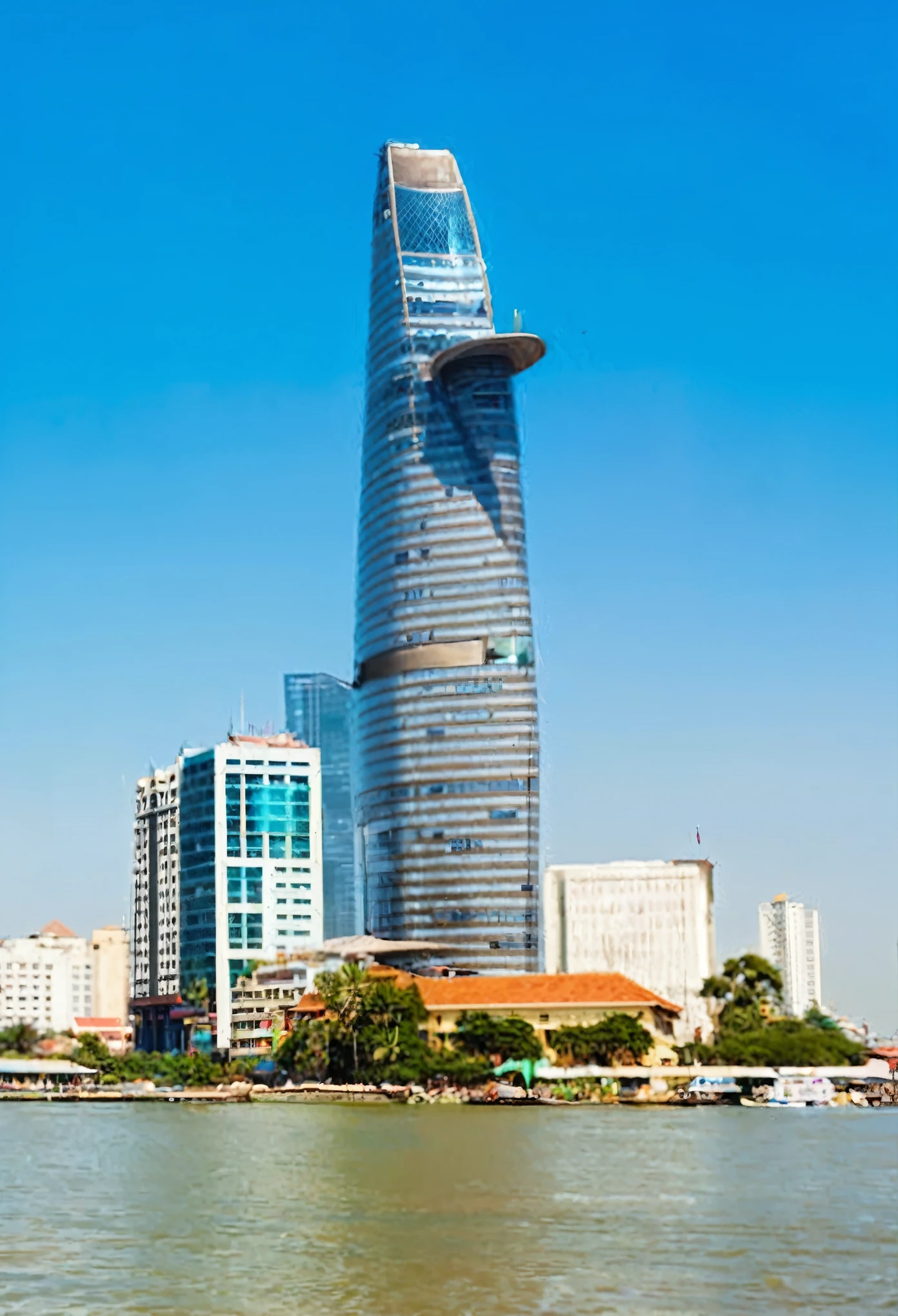 araffes are standing on the shore of a river in front of a city, futuristic phnom-penh cambodia, megatall building, vietnam, towering over a city, the building is a skyscraper, epic buildings in the center, gigantic tower, full - view, tall building, twisted giant tower, with tall glass skyscrapers, futuristic skyscraper