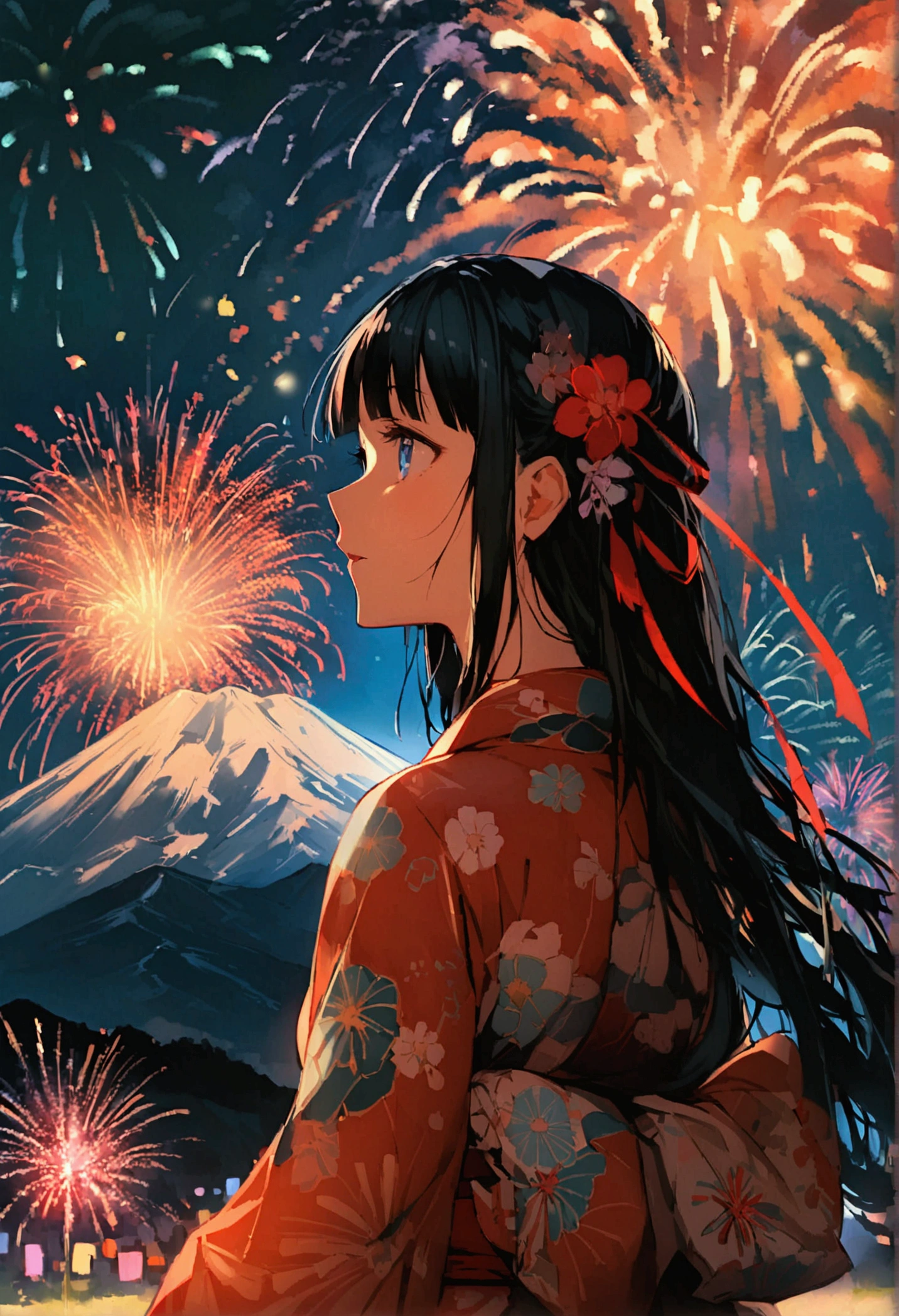 beautiful Fireworks, Hime cut black long hair、Full body illustration of a girl with straight bangs and blue eyes、Large Breasts、Wear a yukata、Watch the fireworks explode、Fuji Mountain