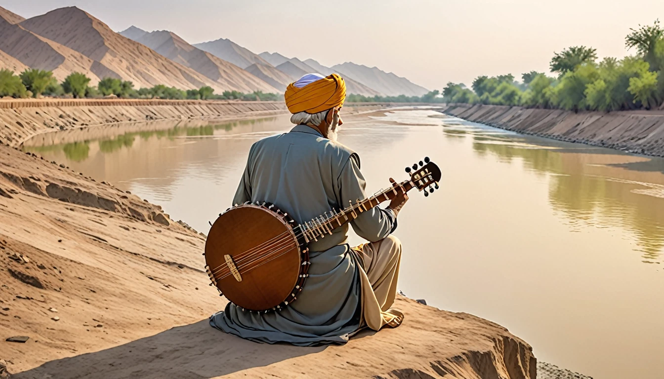 Shield of David,Indian,turbaned,Back view of an old man playing the sitar in the distance,On the banks of the Indus River,The old man&#39;s clothes are Rastafarian
