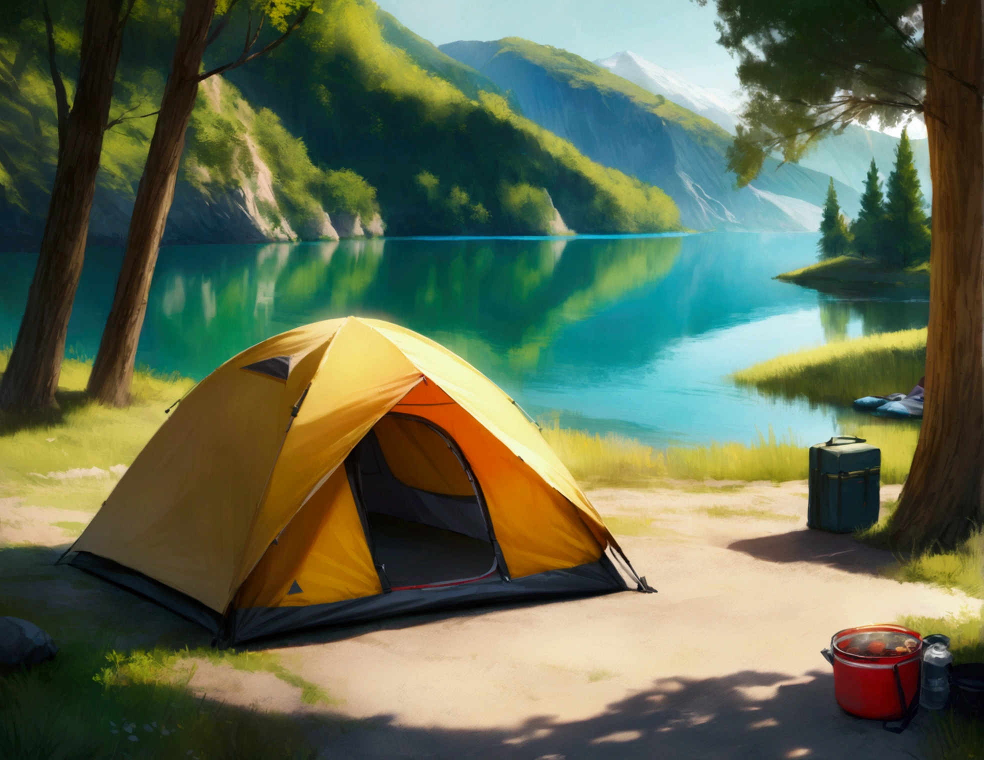 lake,camp site,The view is great.,tent,Camping Goods,Highest quality, 8k, High resolution, masterpiece:1.2, Very detailed, Realistic:1.37, High resolution, 超High resolution, Very detailed, Professional, Vibrant colors