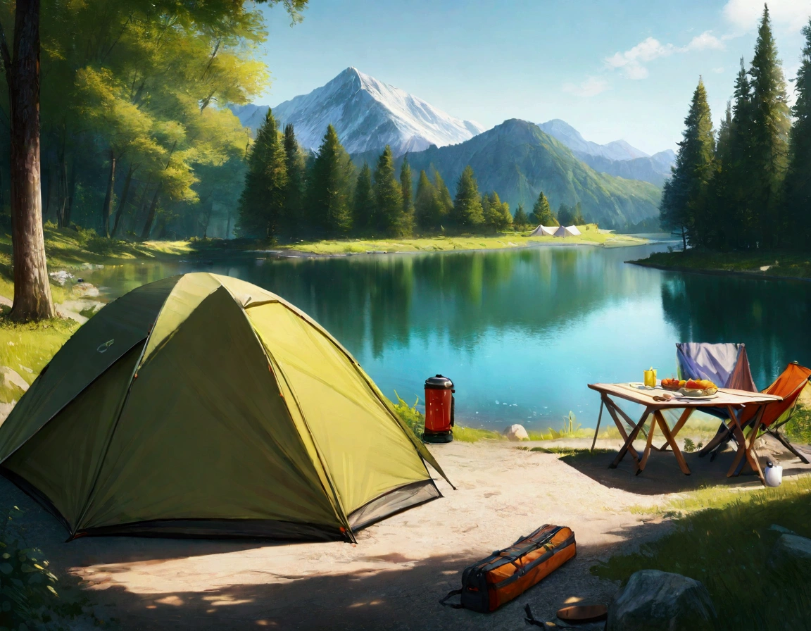 lake,camp site,The view is great.,tent,Camping Goods,Highest quality, 8k, High resolution, masterpiece:1.2, Very detailed, Realistic:1.37, High resolution, 超High resolution, Very detailed, Professional, Vibrant colors